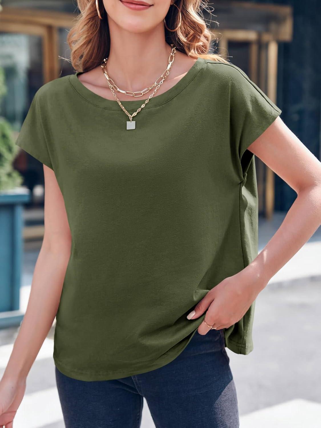 imageTankaneo Womens Cap Sleeve Tops Boat Neck TShirts Summer Casual Loose Fit Basic TeesArmy Green