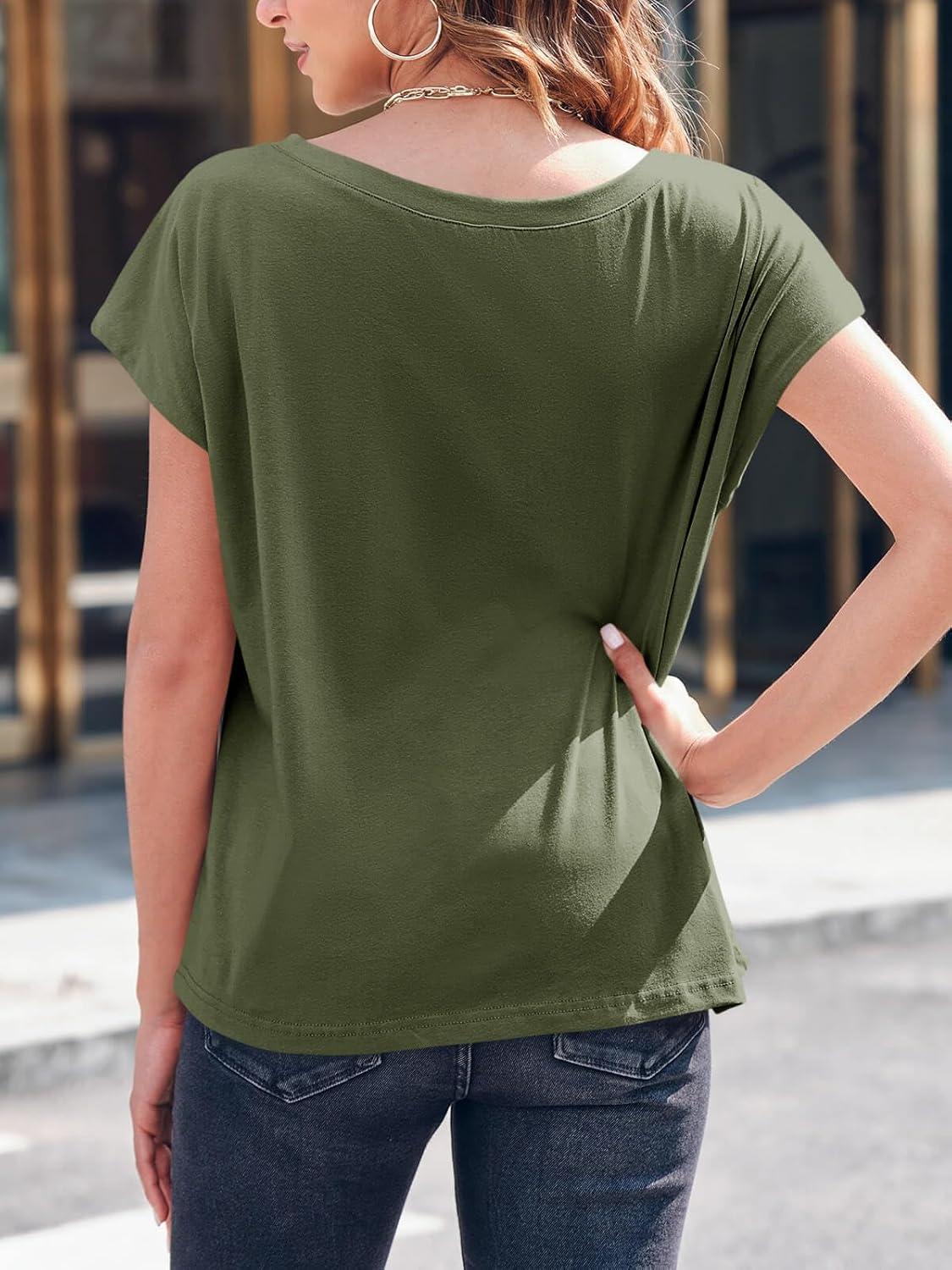 imageTankaneo Womens Cap Sleeve Tops Boat Neck TShirts Summer Casual Loose Fit Basic TeesArmy Green