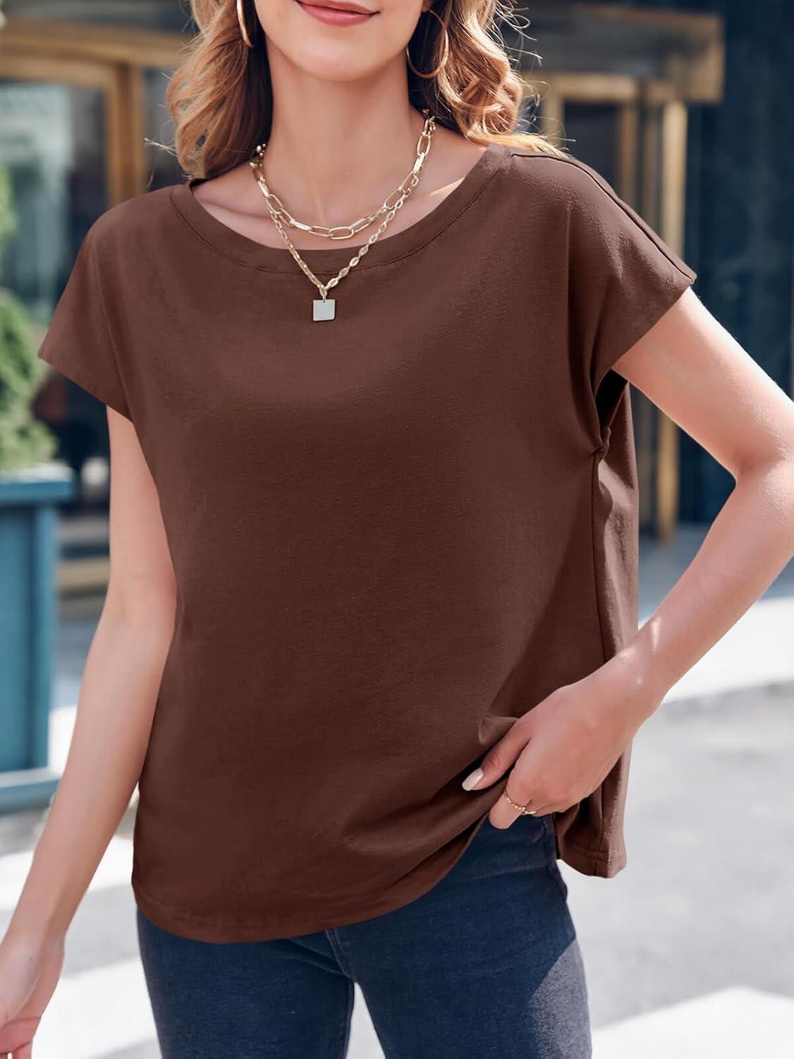imageTankaneo Womens Cap Sleeve Tops Boat Neck TShirts Summer Casual Loose Fit Basic TeesBrown