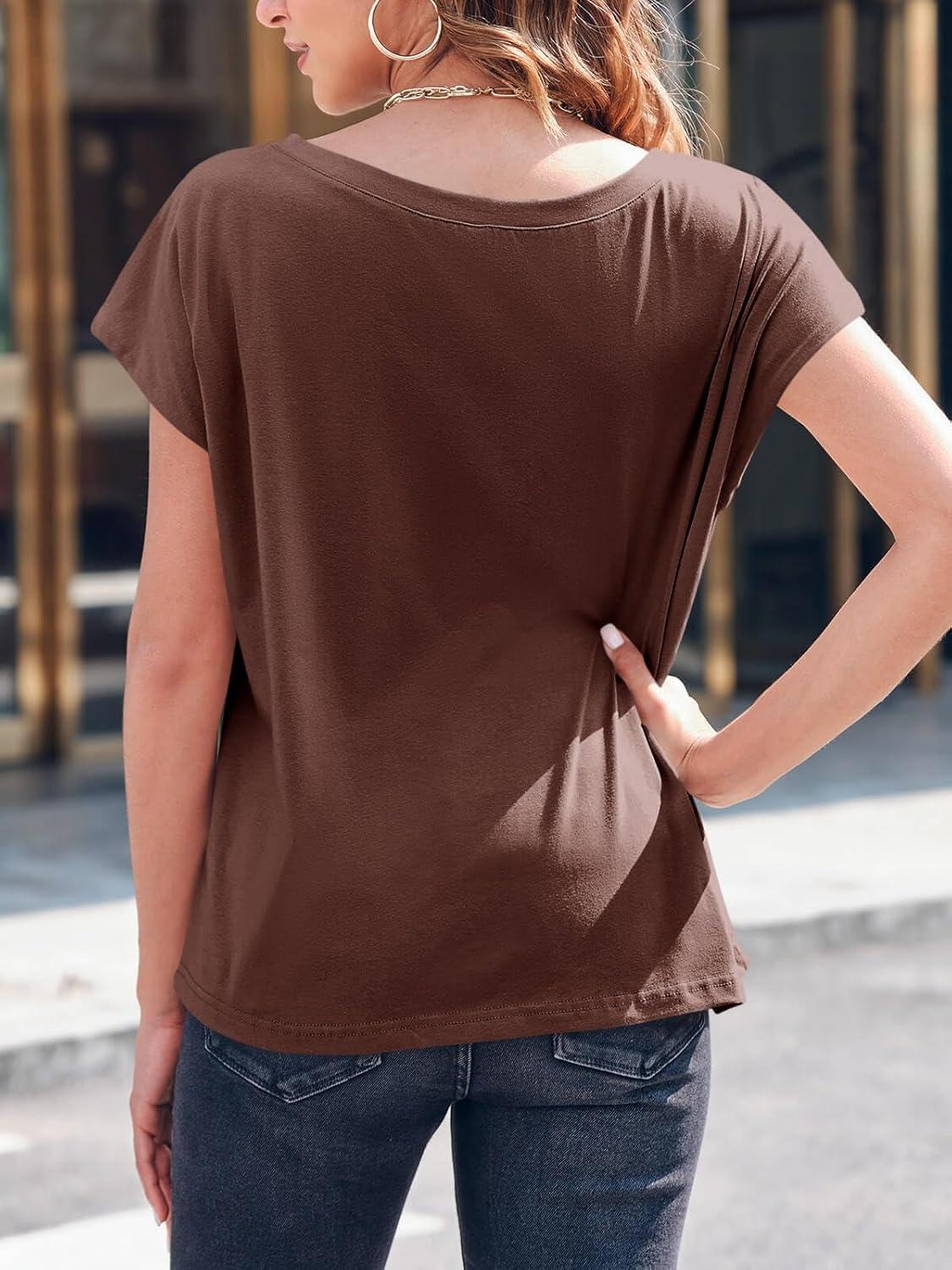 imageTankaneo Womens Cap Sleeve Tops Boat Neck TShirts Summer Casual Loose Fit Basic TeesBrown