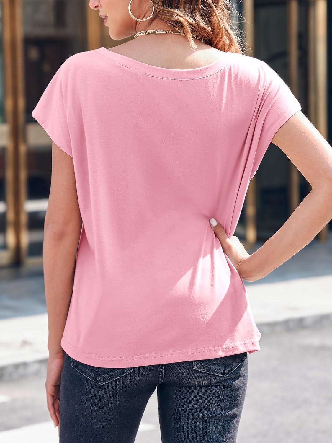 imageTankaneo Womens Cap Sleeve Tops Boat Neck TShirts Summer Casual Loose Fit Basic TeesPink