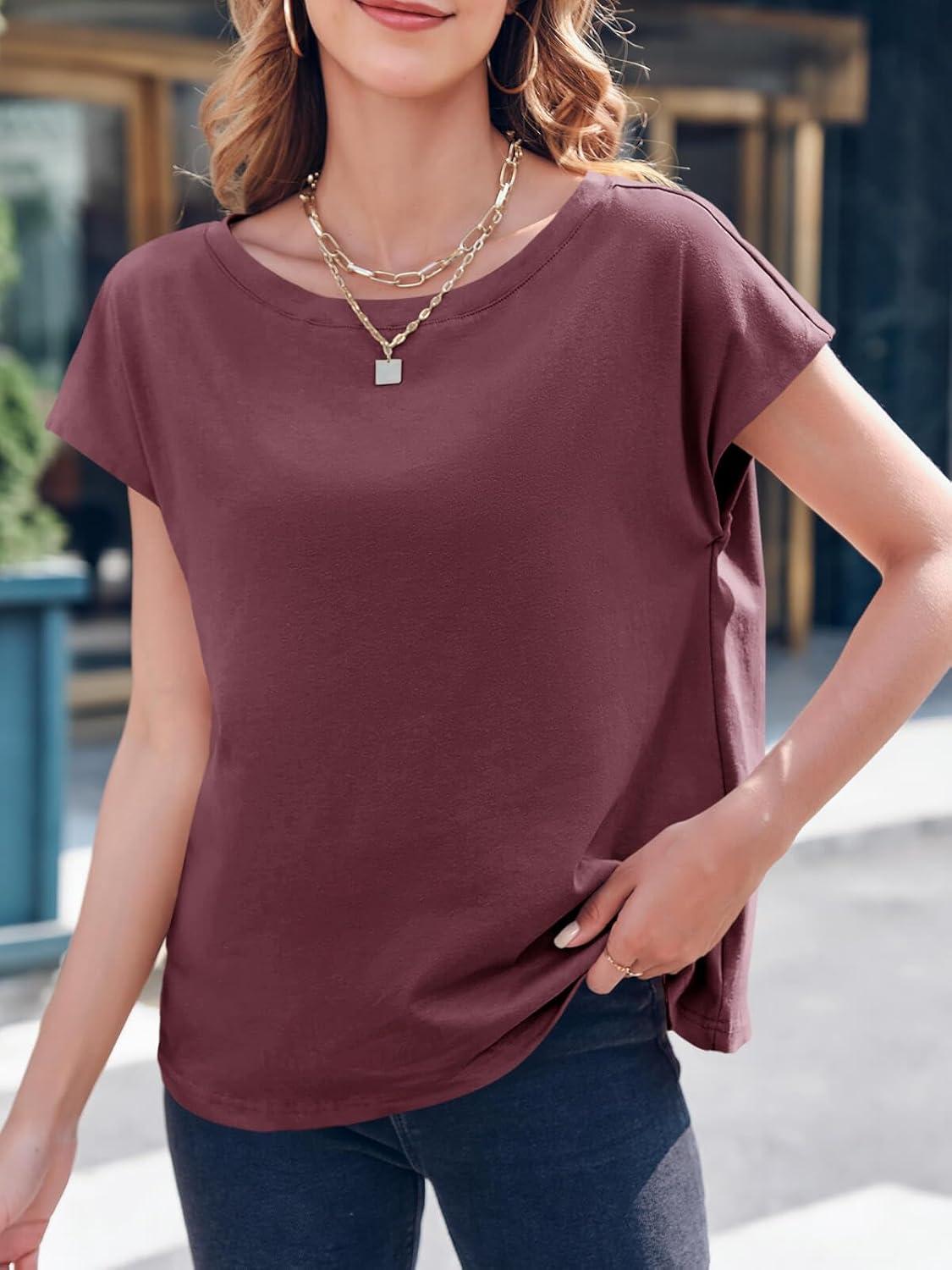 imageTankaneo Womens Cap Sleeve Tops Boat Neck TShirts Summer Casual Loose Fit Basic TeesPurple