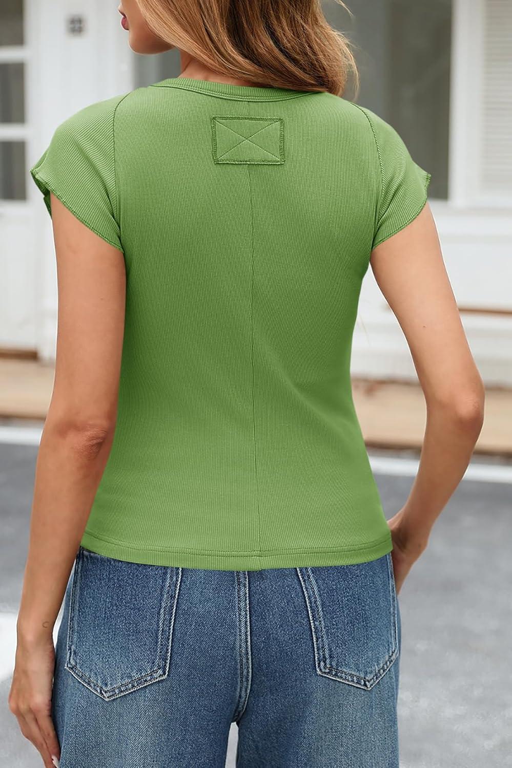 imageTankaneo Womens Cap Sleeve Tops Crew Neck Ribbed Knit T Shirt Summer Casual Slim Fit Basic Tees TshirtArmy Green