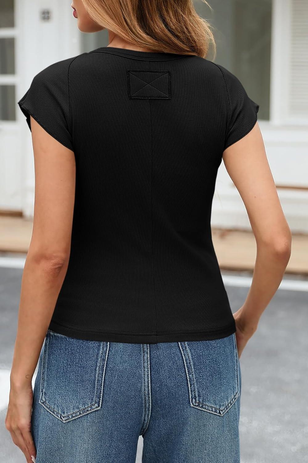 imageTankaneo Womens Cap Sleeve Tops Crew Neck Ribbed Knit T Shirt Summer Casual Slim Fit Basic Tees TshirtBlack