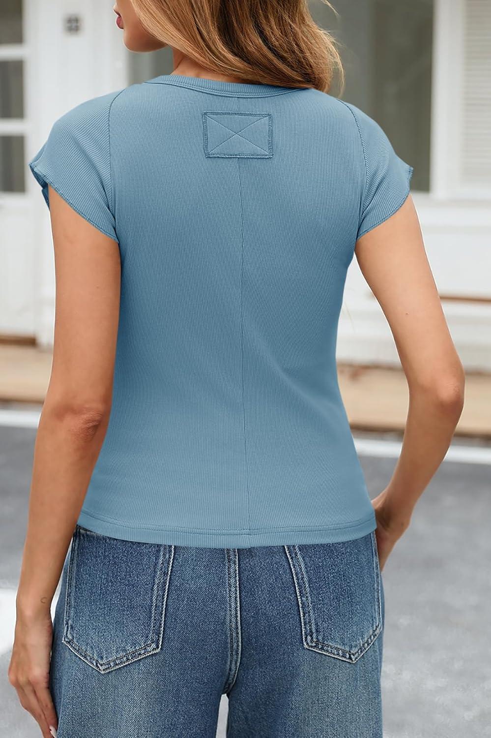 imageTankaneo Womens Cap Sleeve Tops Crew Neck Ribbed Knit T Shirt Summer Casual Slim Fit Basic Tees TshirtBluish Gray