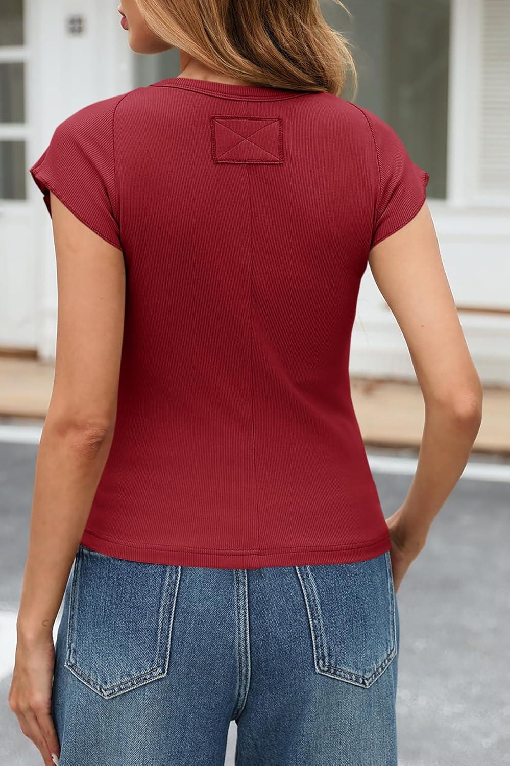 imageTankaneo Womens Cap Sleeve Tops Crew Neck Ribbed Knit T Shirt Summer Casual Slim Fit Basic Tees TshirtBurgundy