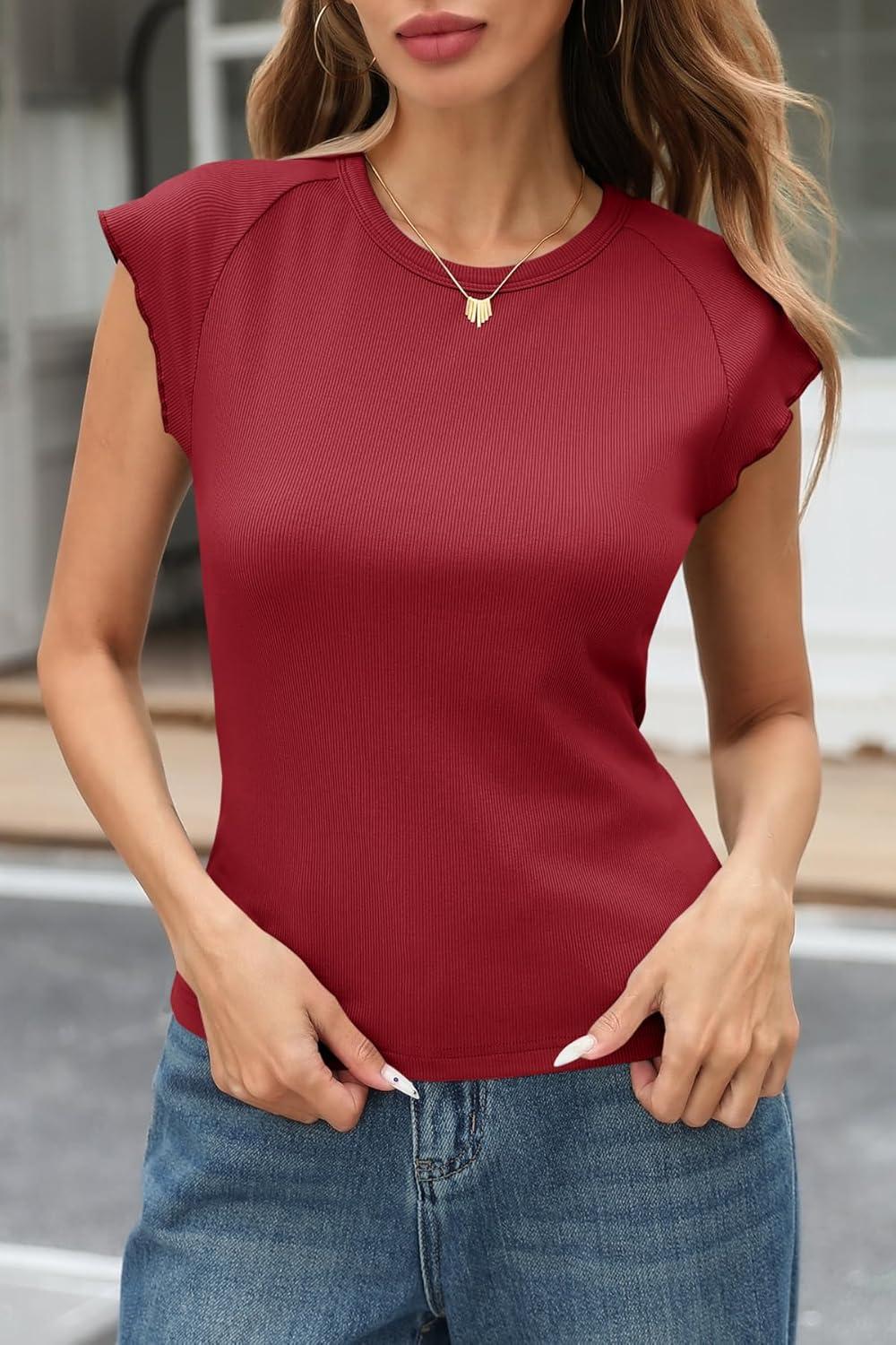 imageTankaneo Womens Cap Sleeve Tops Crew Neck Ribbed Knit T Shirt Summer Casual Slim Fit Basic Tees TshirtBurgundy