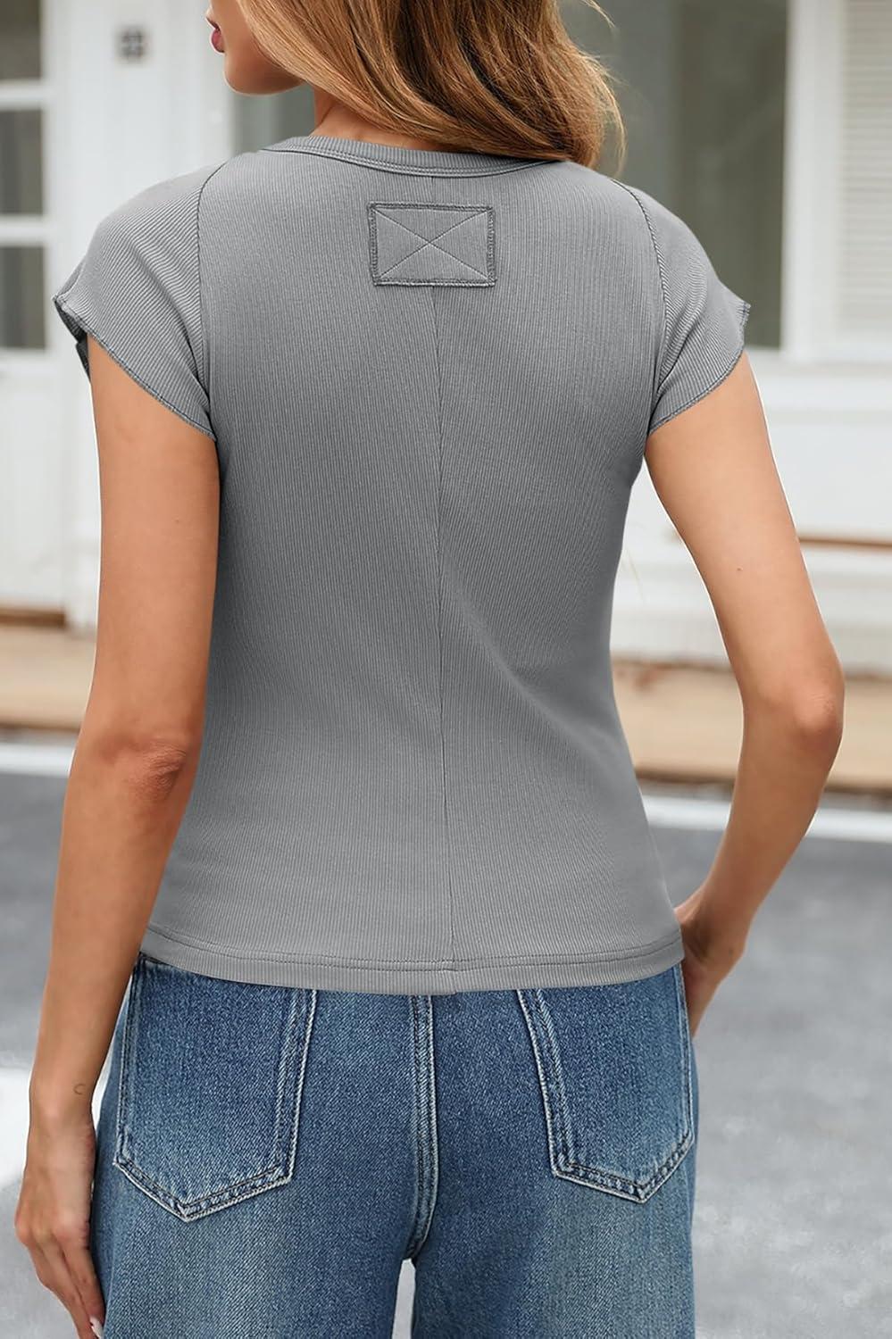imageTankaneo Womens Cap Sleeve Tops Crew Neck Ribbed Knit T Shirt Summer Casual Slim Fit Basic Tees TshirtGrey