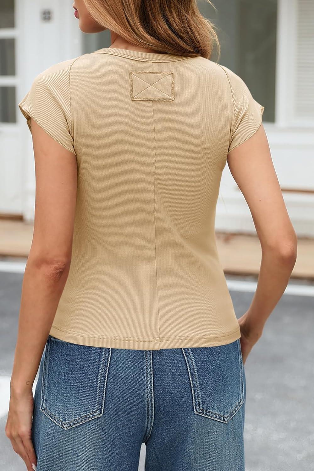 imageTankaneo Womens Cap Sleeve Tops Crew Neck Ribbed Knit T Shirt Summer Casual Slim Fit Basic Tees TshirtLight Khaki
