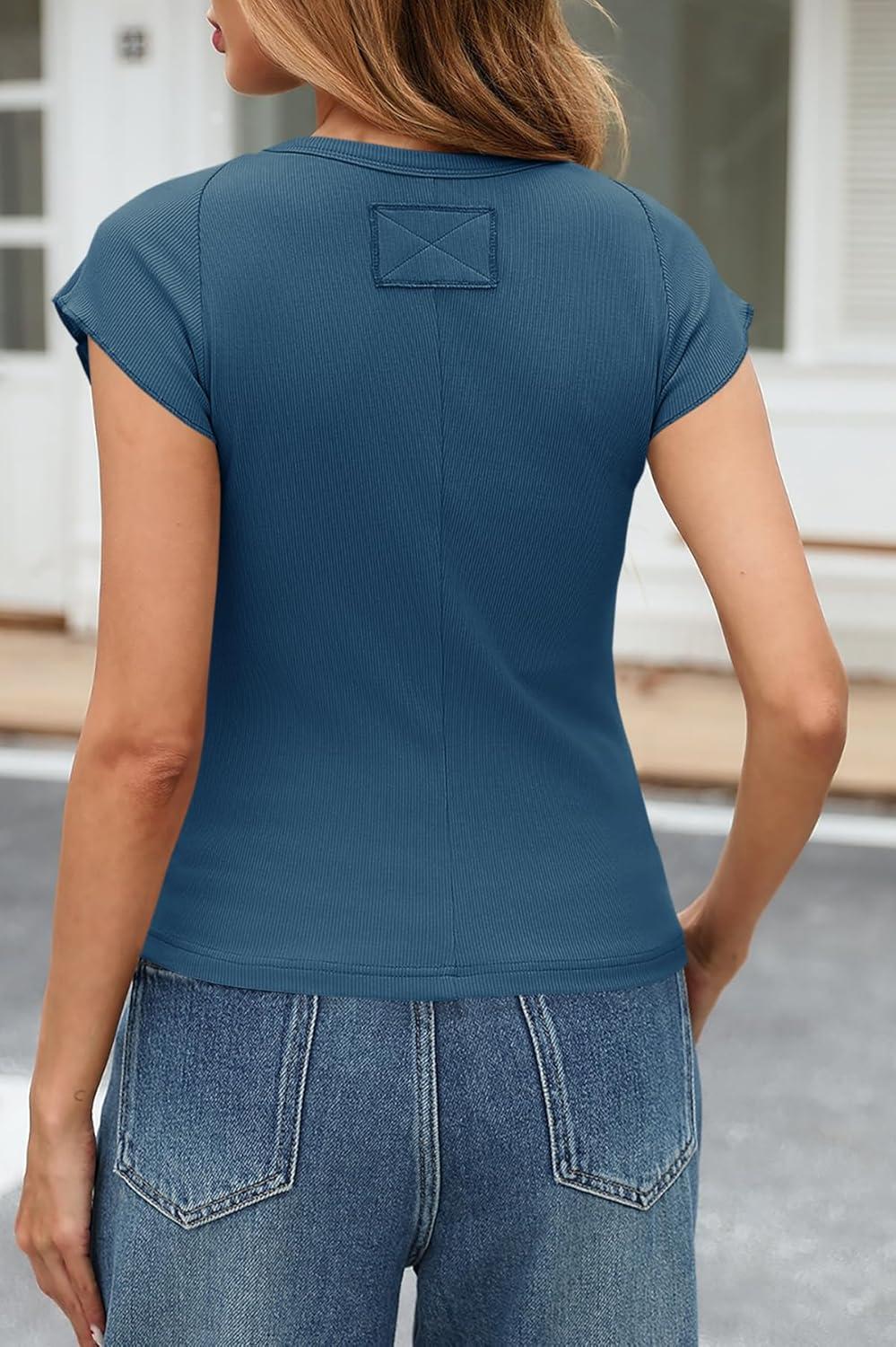 imageTankaneo Womens Cap Sleeve Tops Crew Neck Ribbed Knit T Shirt Summer Casual Slim Fit Basic Tees TshirtNavy