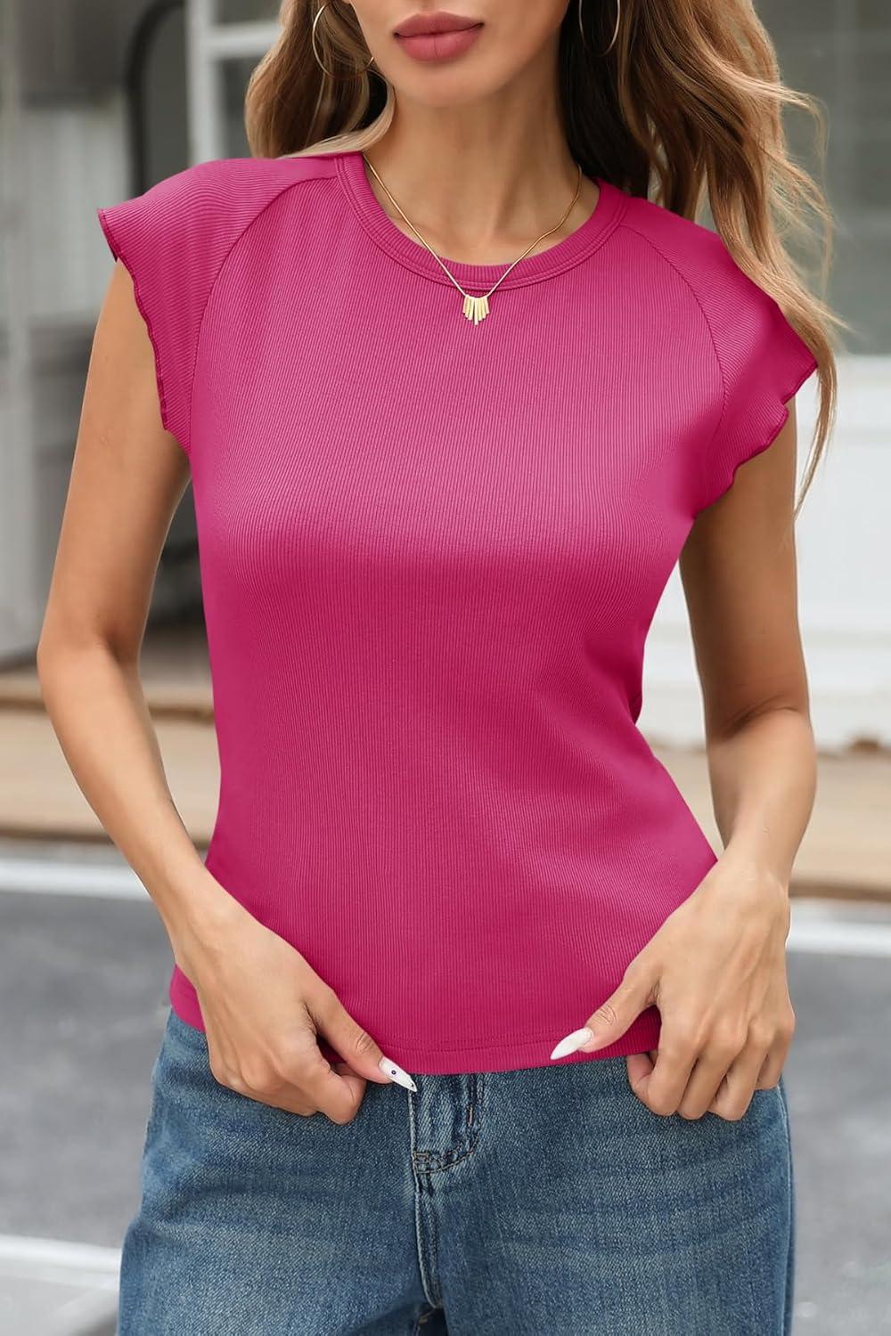 imageTankaneo Womens Cap Sleeve Tops Crew Neck Ribbed Knit T Shirt Summer Casual Slim Fit Basic Tees TshirtRose Red