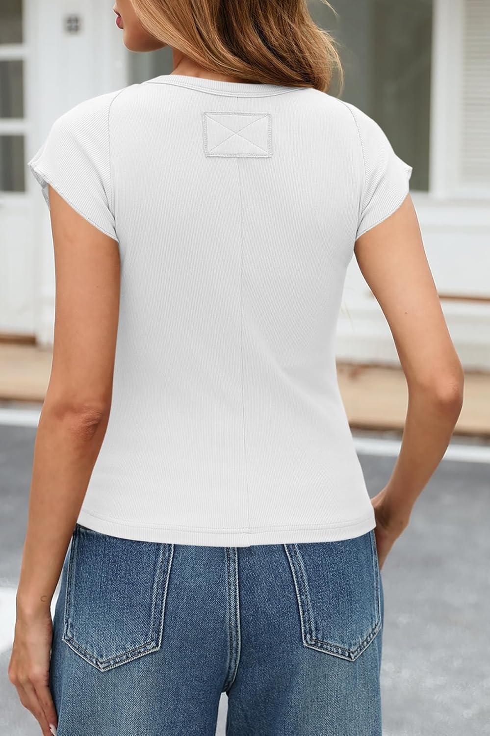 imageTankaneo Womens Cap Sleeve Tops Crew Neck Ribbed Knit T Shirt Summer Casual Slim Fit Basic Tees TshirtWhite