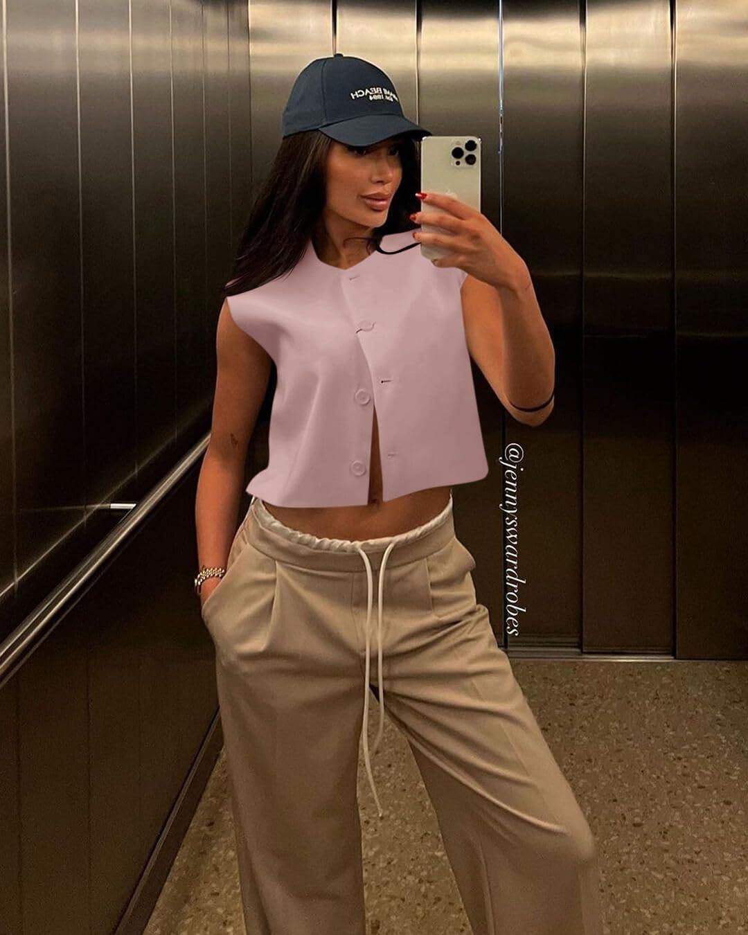 imageTankaneo Womens Cropped Cap Sleeve Vest Tank Tops Summer Work Casual Crew Neck Button Down WaistcoatsLight Pink