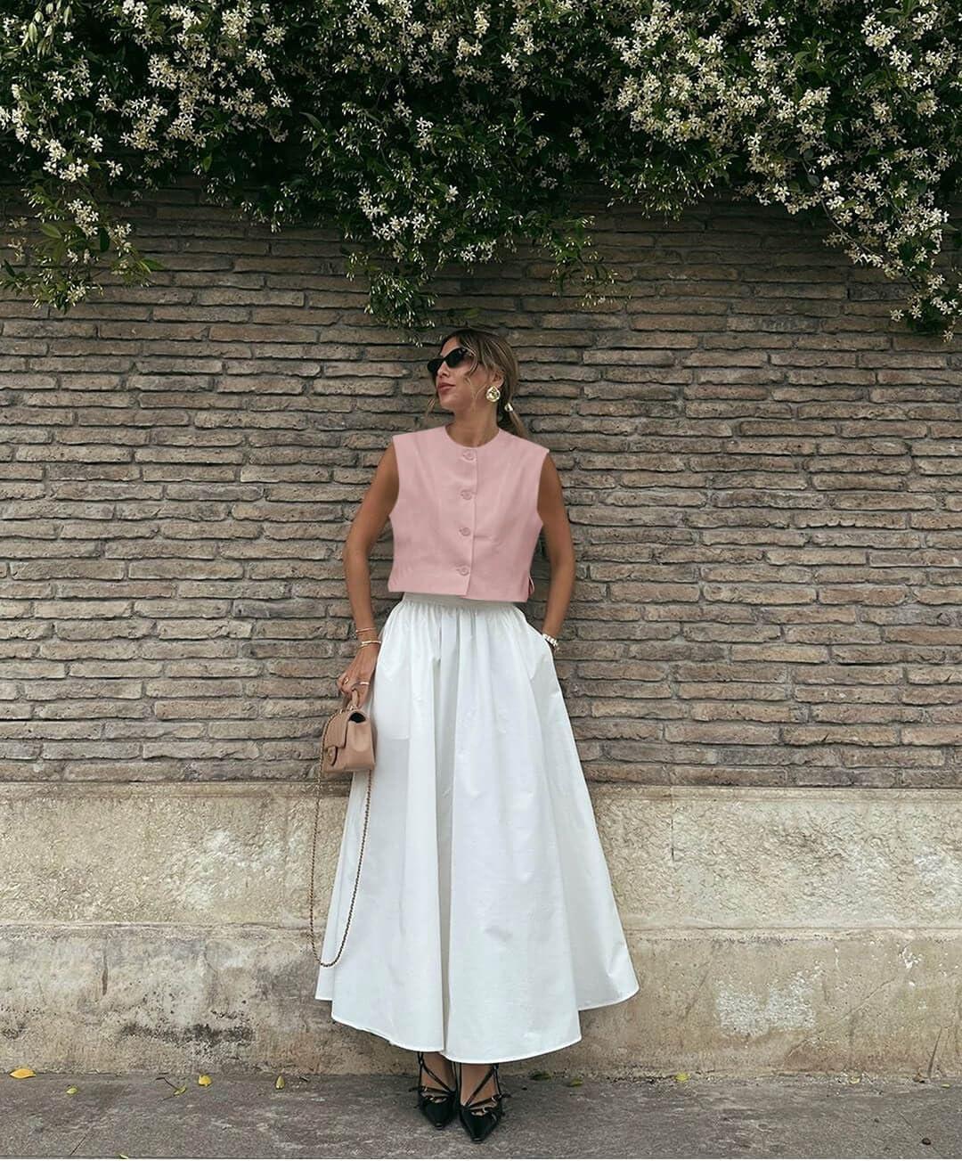 imageTankaneo Womens Cropped Cap Sleeve Vest Tank Tops Summer Work Casual Crew Neck Button Down WaistcoatsLight Pink