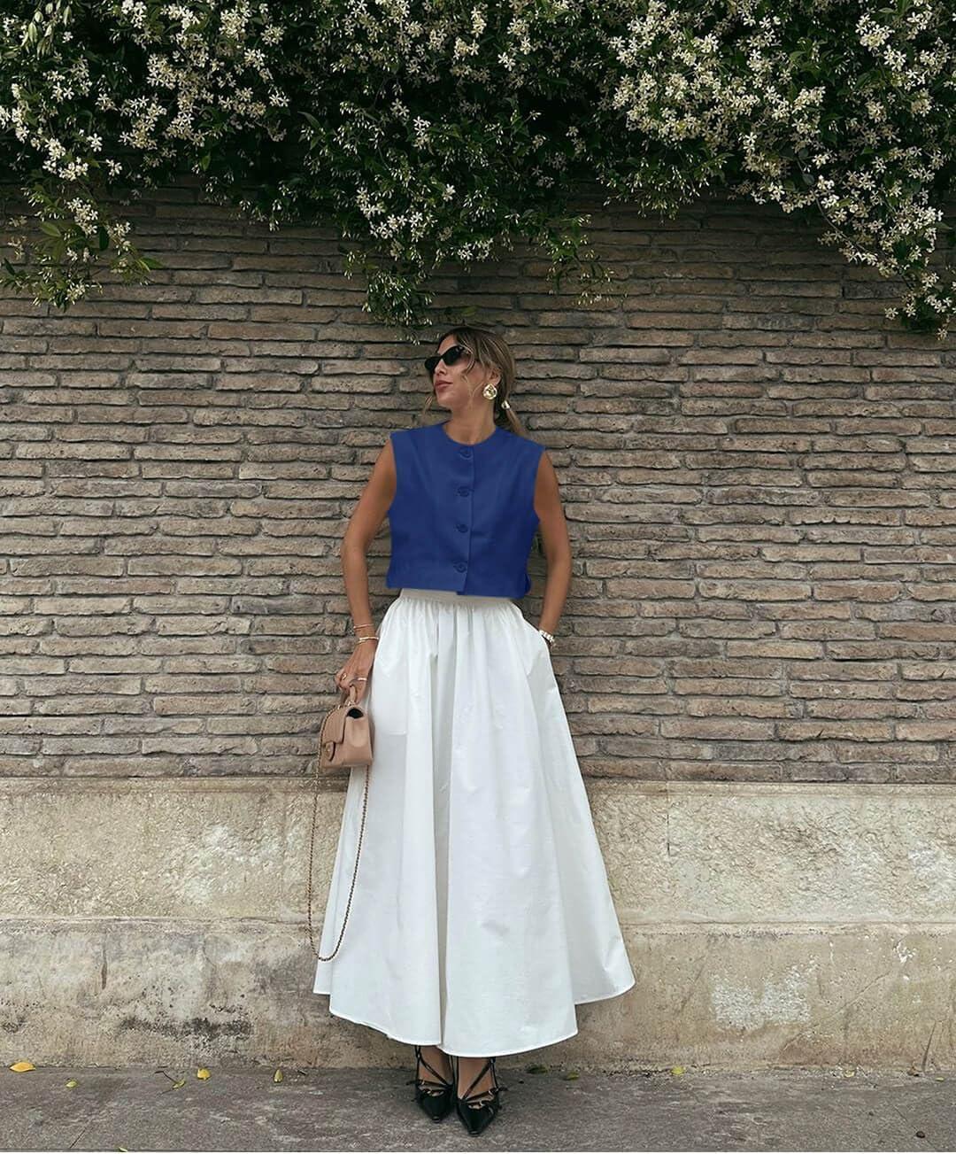 imageTankaneo Womens Cropped Cap Sleeve Vest Tank Tops Summer Work Casual Crew Neck Button Down WaistcoatsNavy