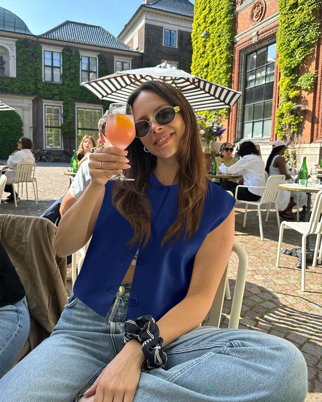 imageTankaneo Womens Cropped Cap Sleeve Vest Tank Tops Summer Work Casual Crew Neck Button Down WaistcoatsNavy