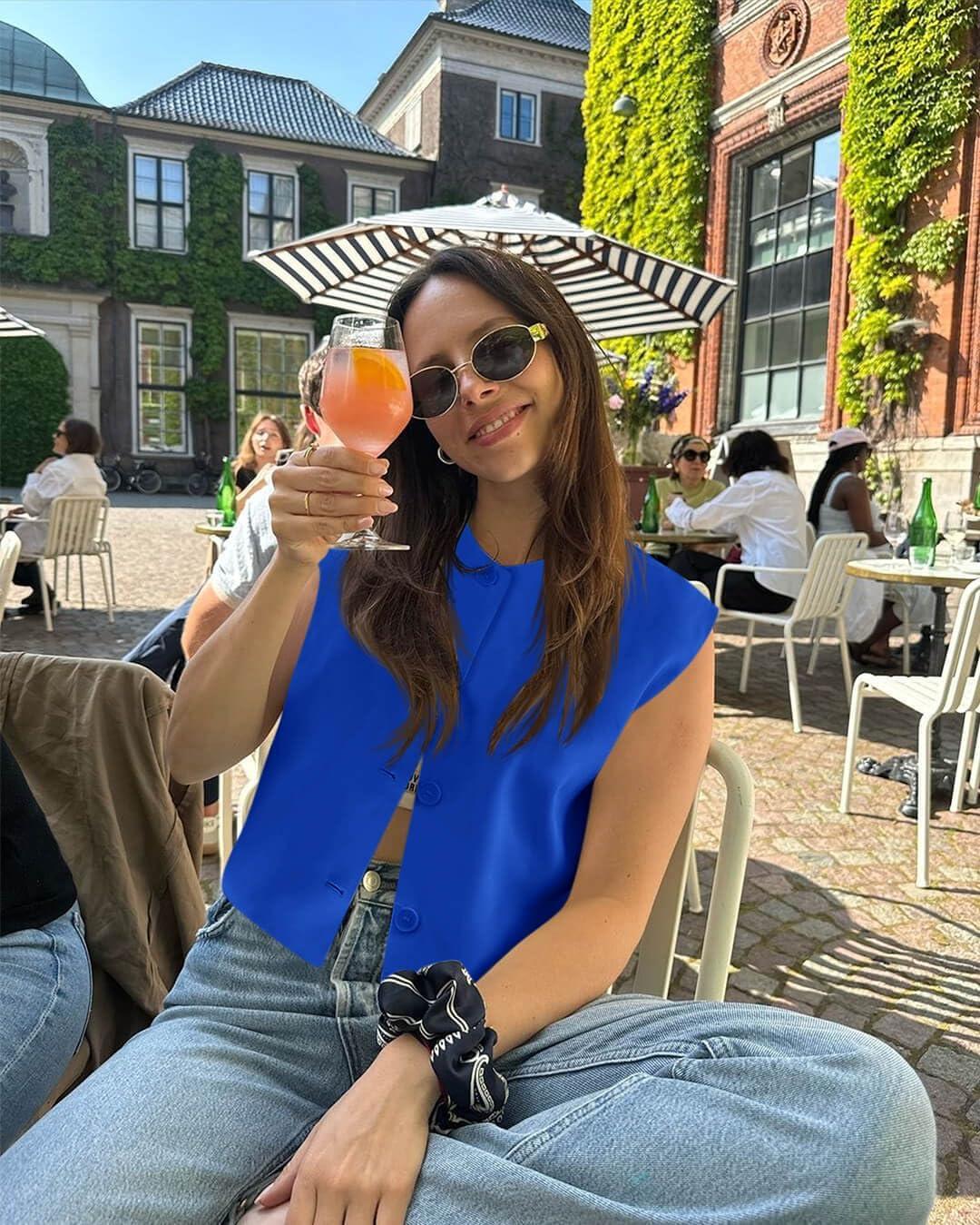 imageTankaneo Womens Cropped Cap Sleeve Vest Tank Tops Summer Work Casual Crew Neck Button Down WaistcoatsRoyal Blue