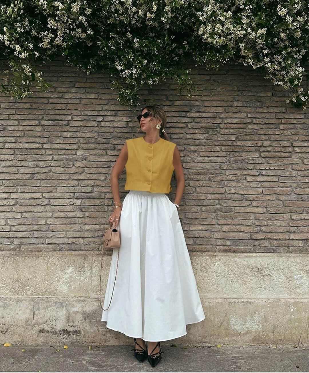 imageTankaneo Womens Cropped Cap Sleeve Vest Tank Tops Summer Work Casual Crew Neck Button Down WaistcoatsYellow