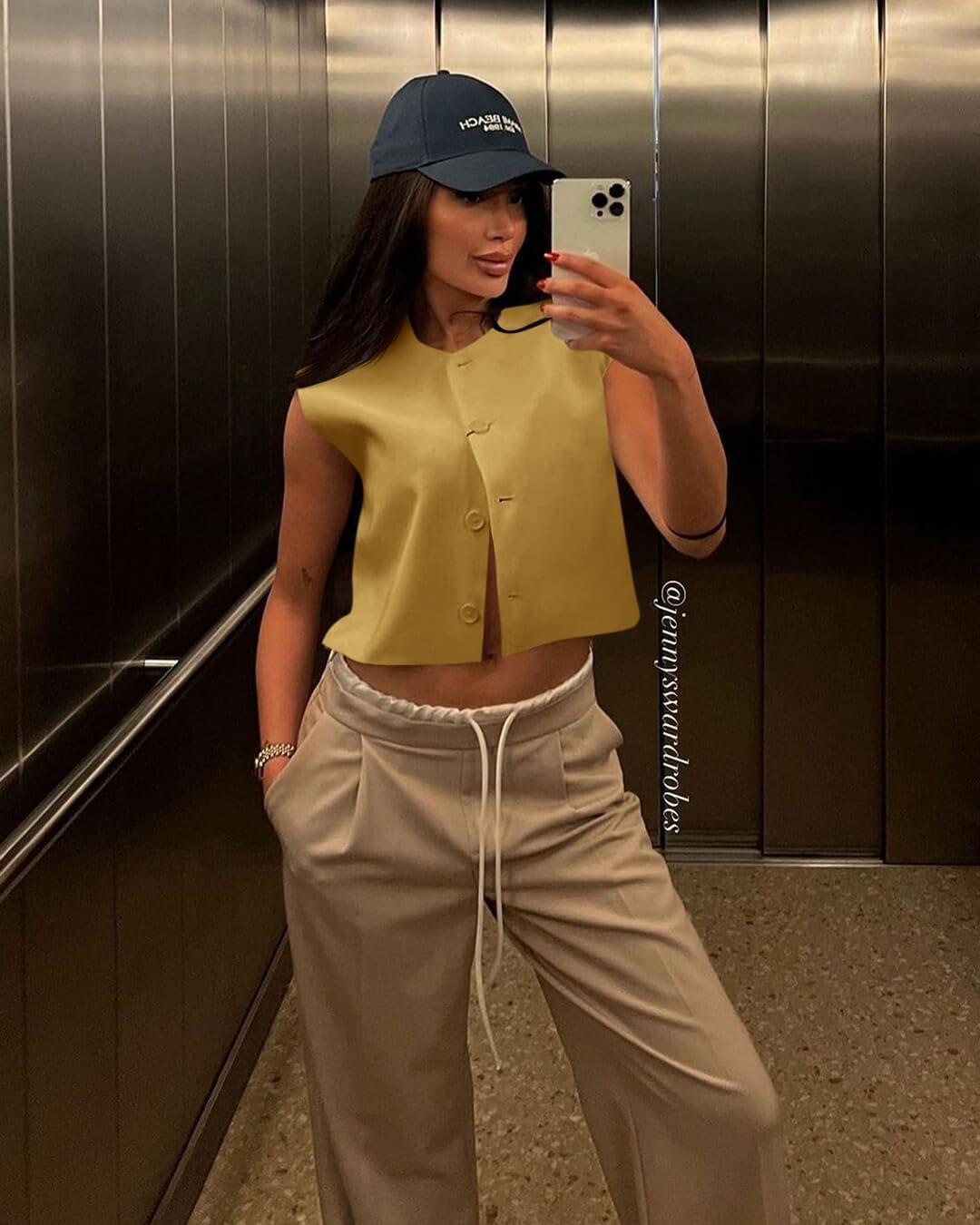 imageTankaneo Womens Cropped Cap Sleeve Vest Tank Tops Summer Work Casual Crew Neck Button Down WaistcoatsYellow