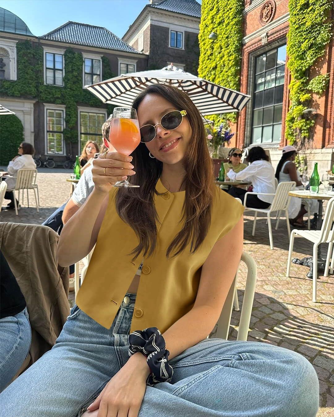 imageTankaneo Womens Cropped Cap Sleeve Vest Tank Tops Summer Work Casual Crew Neck Button Down WaistcoatsYellow