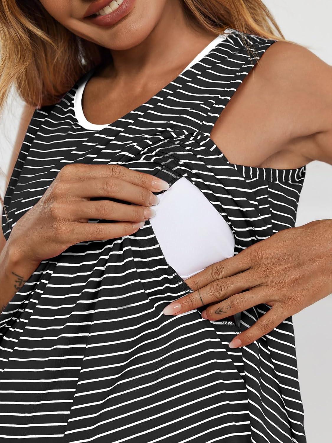 imageTankaneo Womens Cross Front Maternity Tank Tops Breastfeeding Round Neck Striped Sleeveless Shirts Summer Pregnancy ClothesBlack