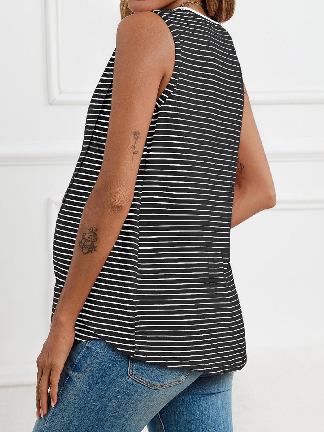 imageTankaneo Womens Cross Front Maternity Tank Tops Breastfeeding Round Neck Striped Sleeveless Shirts Summer Pregnancy ClothesBlack