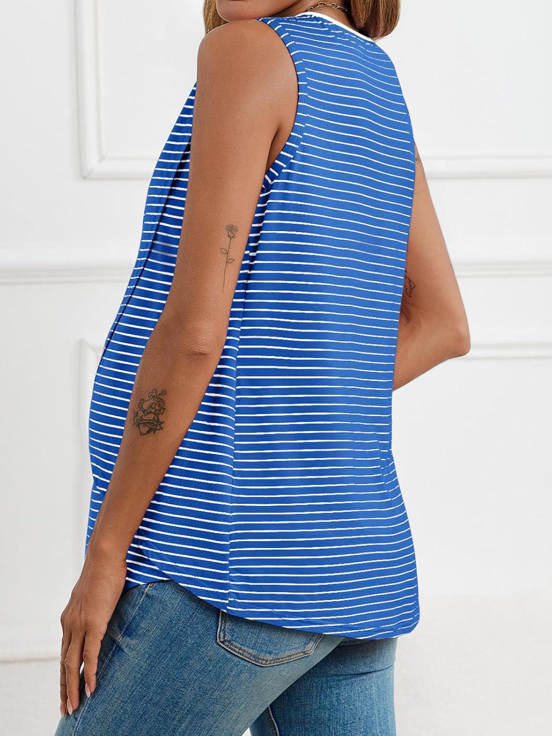 imageTankaneo Womens Cross Front Maternity Tank Tops Breastfeeding Round Neck Striped Sleeveless Shirts Summer Pregnancy ClothesBlue