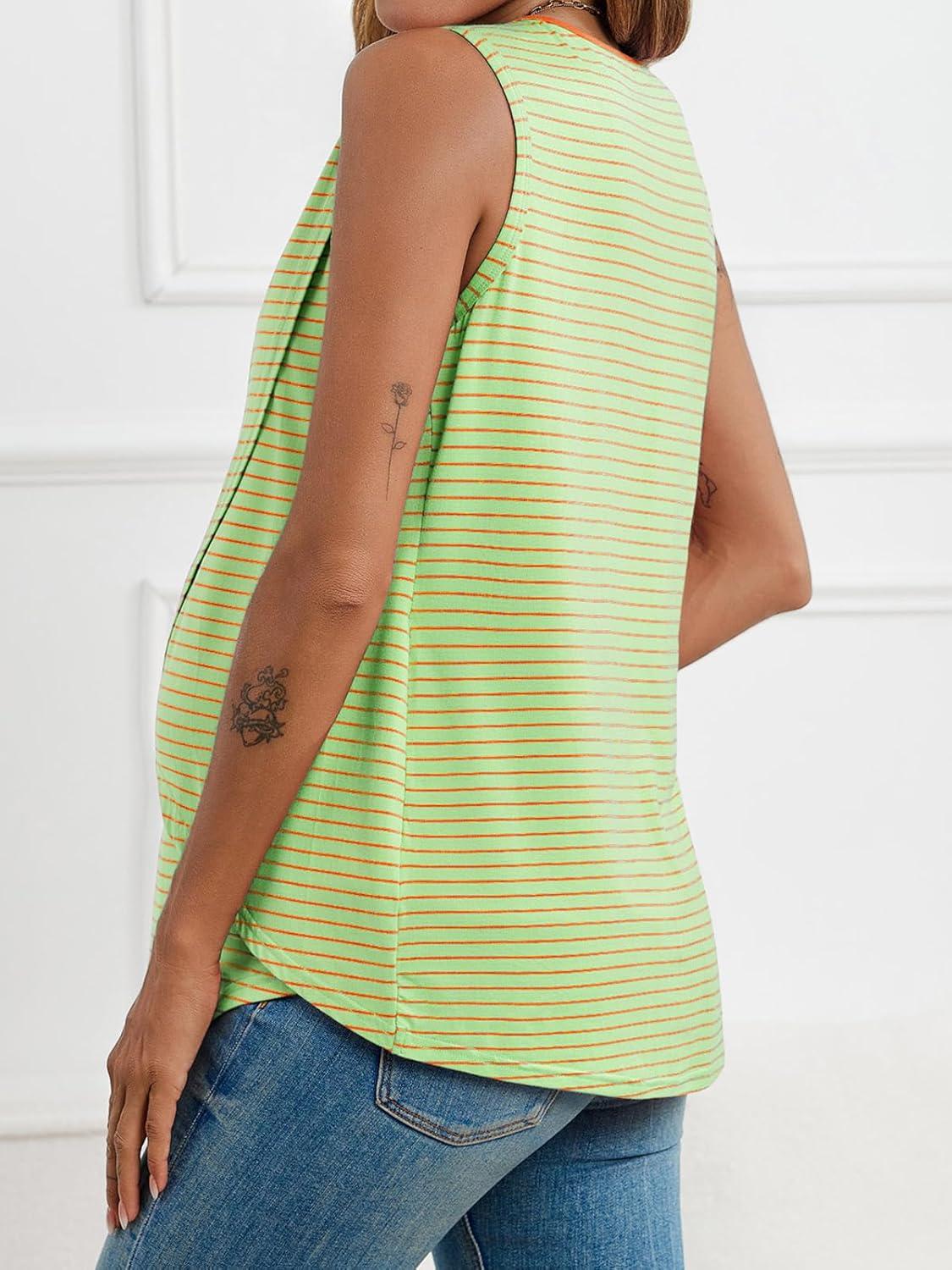 imageTankaneo Womens Cross Front Maternity Tank Tops Breastfeeding Round Neck Striped Sleeveless Shirts Summer Pregnancy ClothesGreen