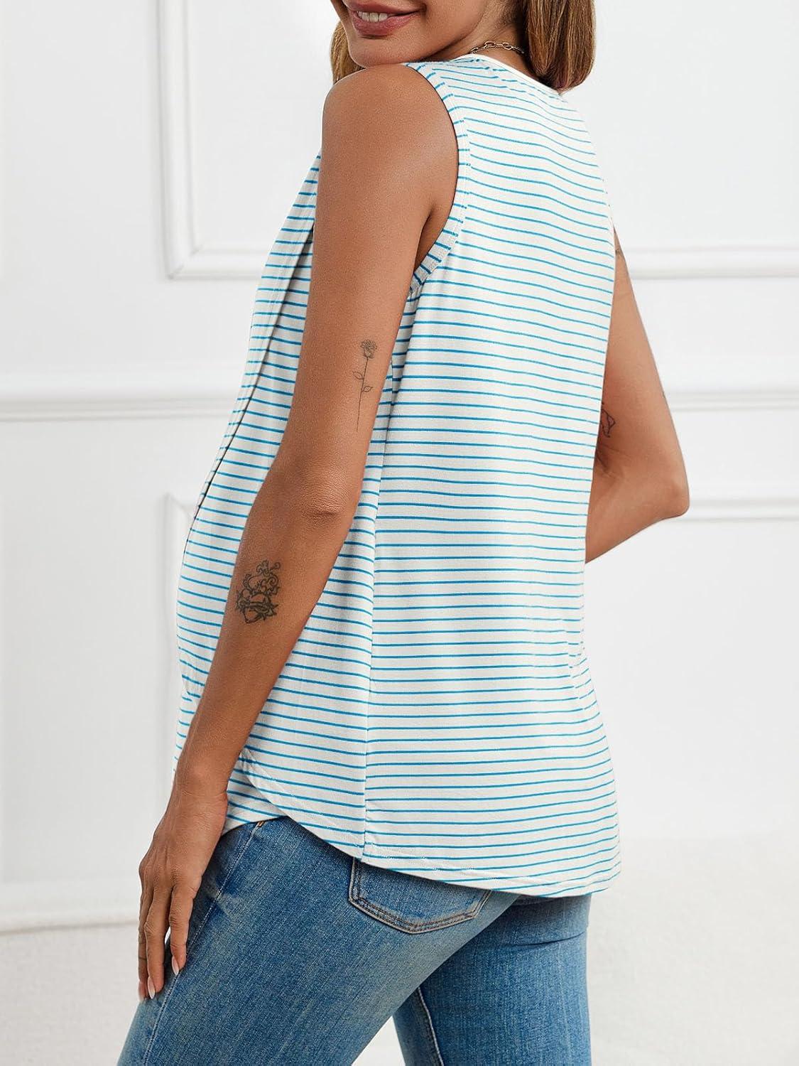 imageTankaneo Womens Cross Front Maternity Tank Tops Breastfeeding Round Neck Striped Sleeveless Shirts Summer Pregnancy ClothesLight Blue