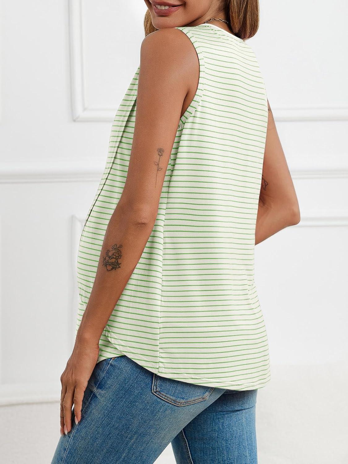 imageTankaneo Womens Cross Front Maternity Tank Tops Breastfeeding Round Neck Striped Sleeveless Shirts Summer Pregnancy ClothesLight Green