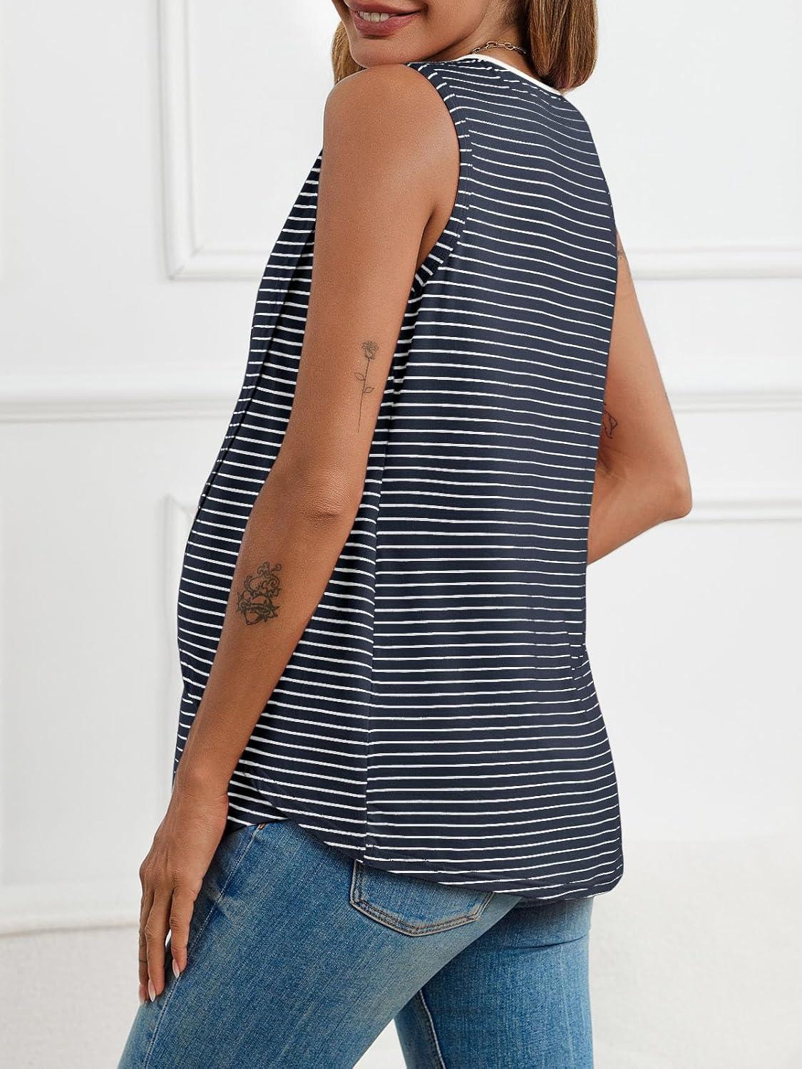imageTankaneo Womens Cross Front Maternity Tank Tops Breastfeeding Round Neck Striped Sleeveless Shirts Summer Pregnancy ClothesNavy
