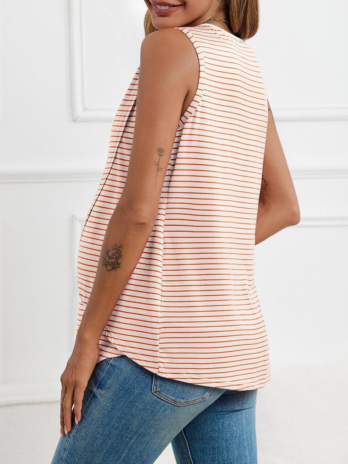 imageTankaneo Womens Cross Front Maternity Tank Tops Breastfeeding Round Neck Striped Sleeveless Shirts Summer Pregnancy ClothesRed