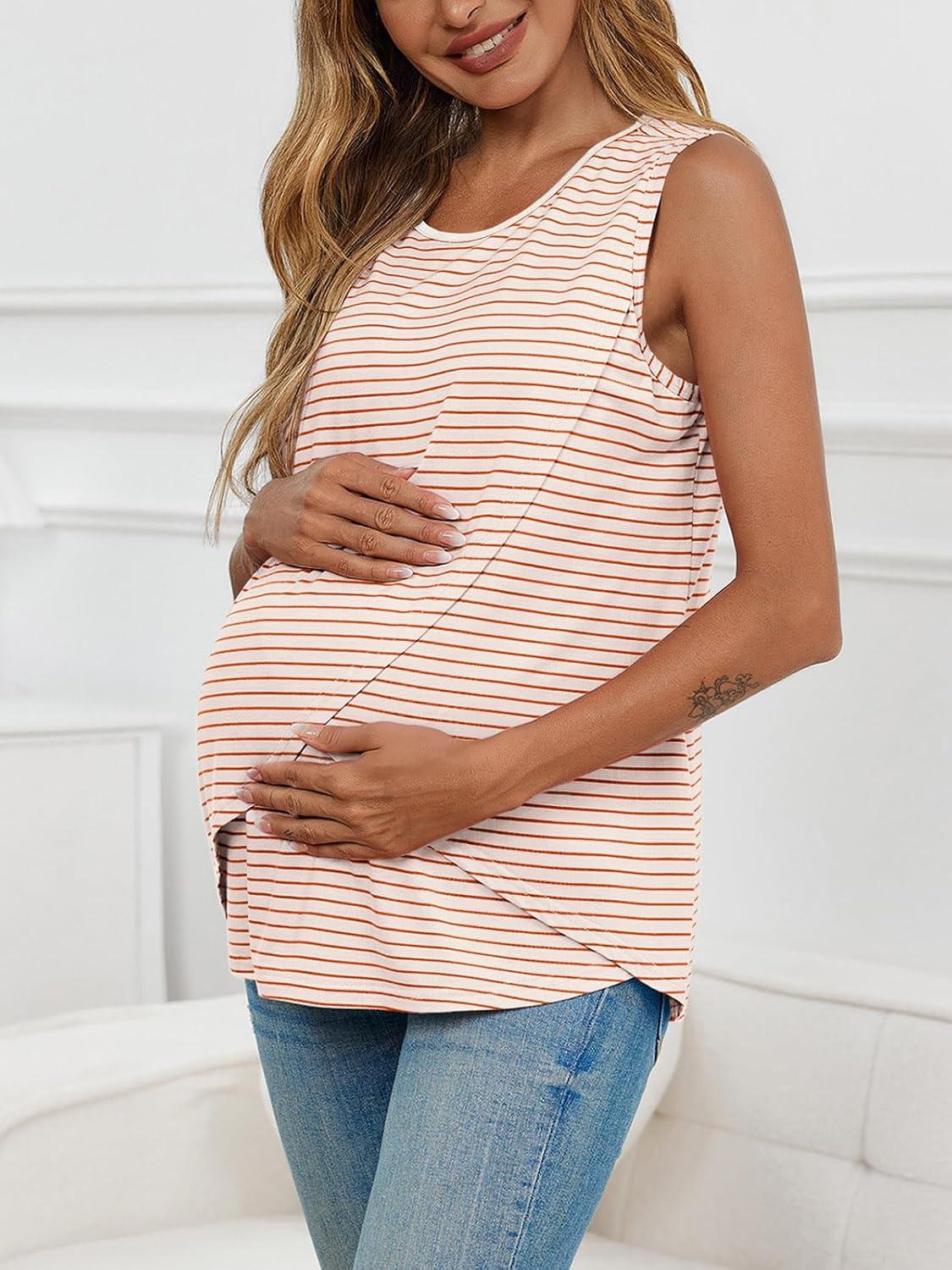 imageTankaneo Womens Cross Front Maternity Tank Tops Breastfeeding Round Neck Striped Sleeveless Shirts Summer Pregnancy ClothesRed
