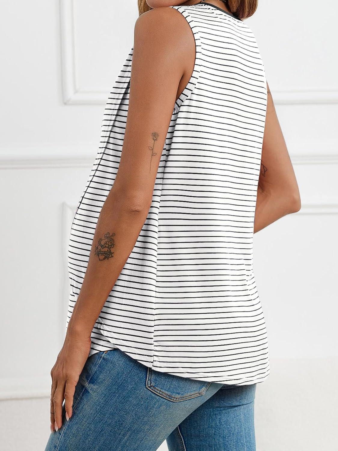 imageTankaneo Womens Cross Front Maternity Tank Tops Breastfeeding Round Neck Striped Sleeveless Shirts Summer Pregnancy ClothesWhite