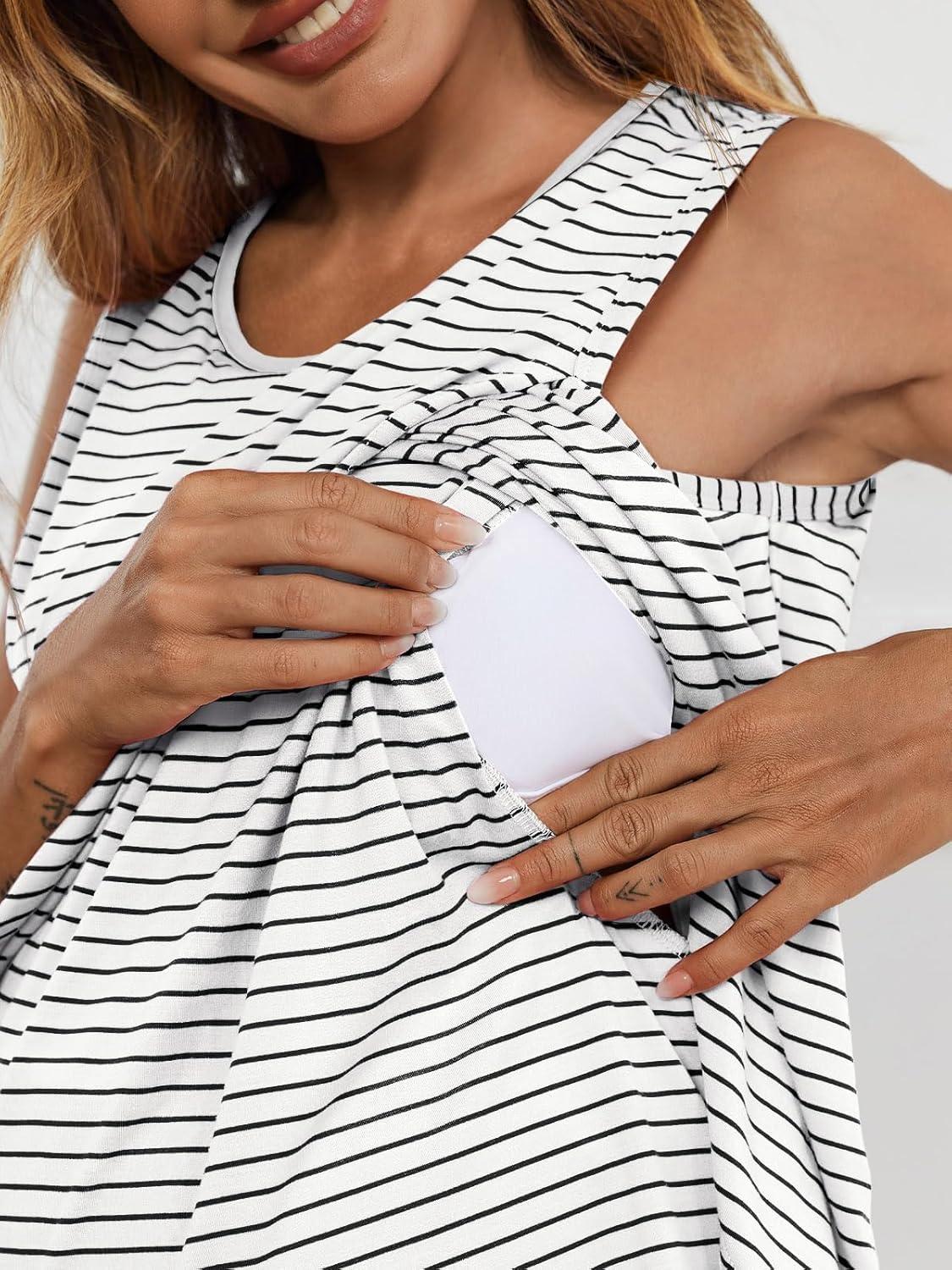 imageTankaneo Womens Cross Front Maternity Tank Tops Breastfeeding Round Neck Striped Sleeveless Shirts Summer Pregnancy ClothesWhite