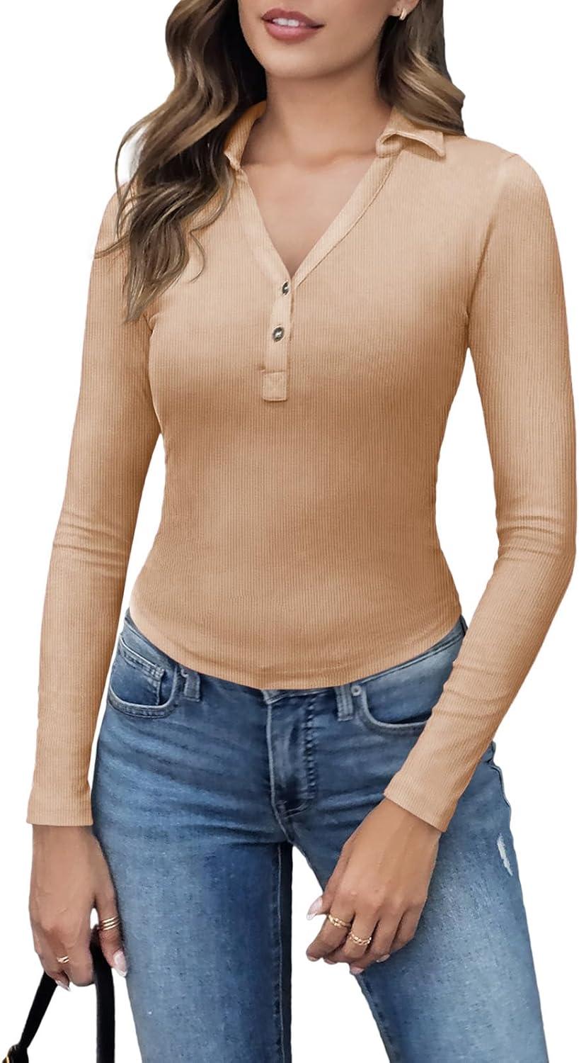 imageTankaneo Womens Deep V Neck Long Sleeve Polo T Shirts Slim Fit Collared Henley Shirts Low Cut Y2k Fall Basic Tees TopsKhaki