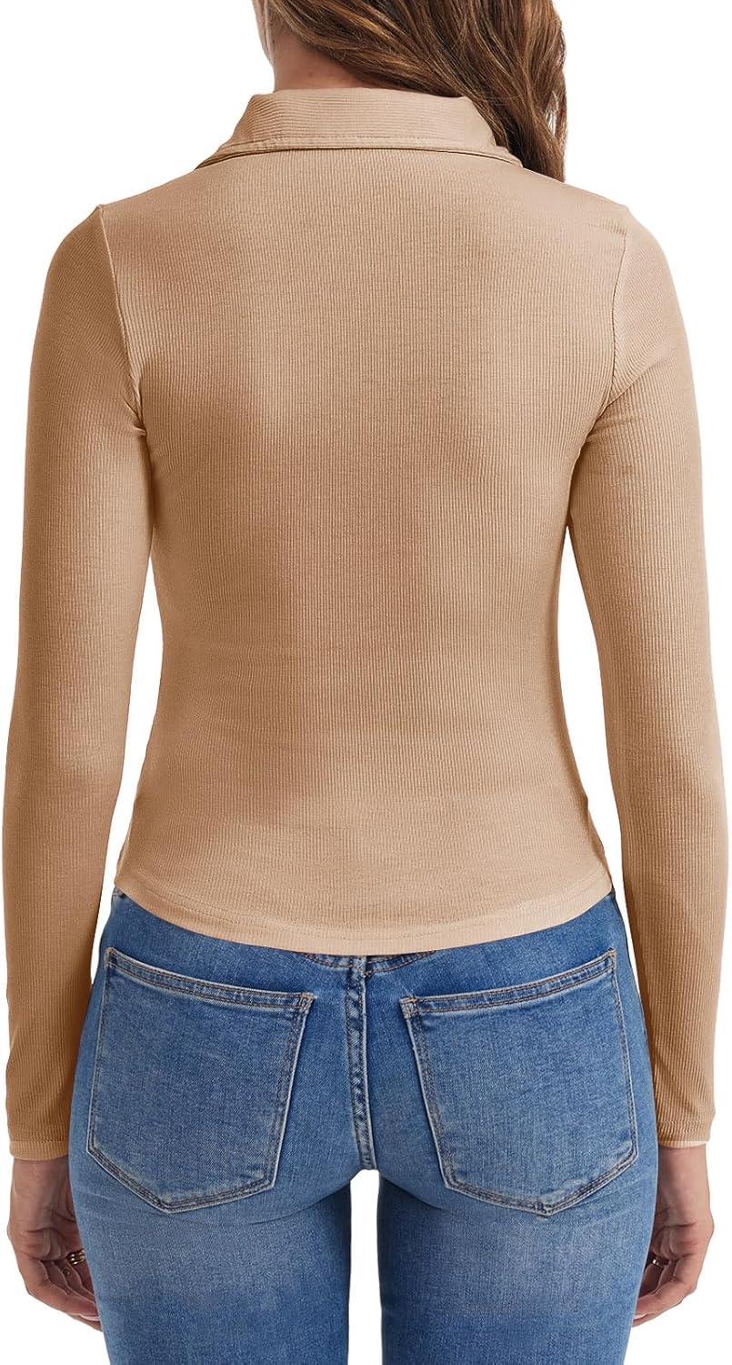 imageTankaneo Womens Deep V Neck Long Sleeve Polo T Shirts Slim Fit Collared Henley Shirts Low Cut Y2k Fall Basic Tees TopsKhaki