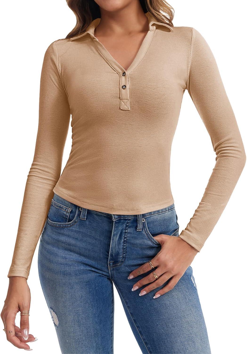 imageTankaneo Womens Deep V Neck Long Sleeve Polo T Shirts Slim Fit Collared Henley Shirts Low Cut Y2k Fall Basic Tees TopsKhaki