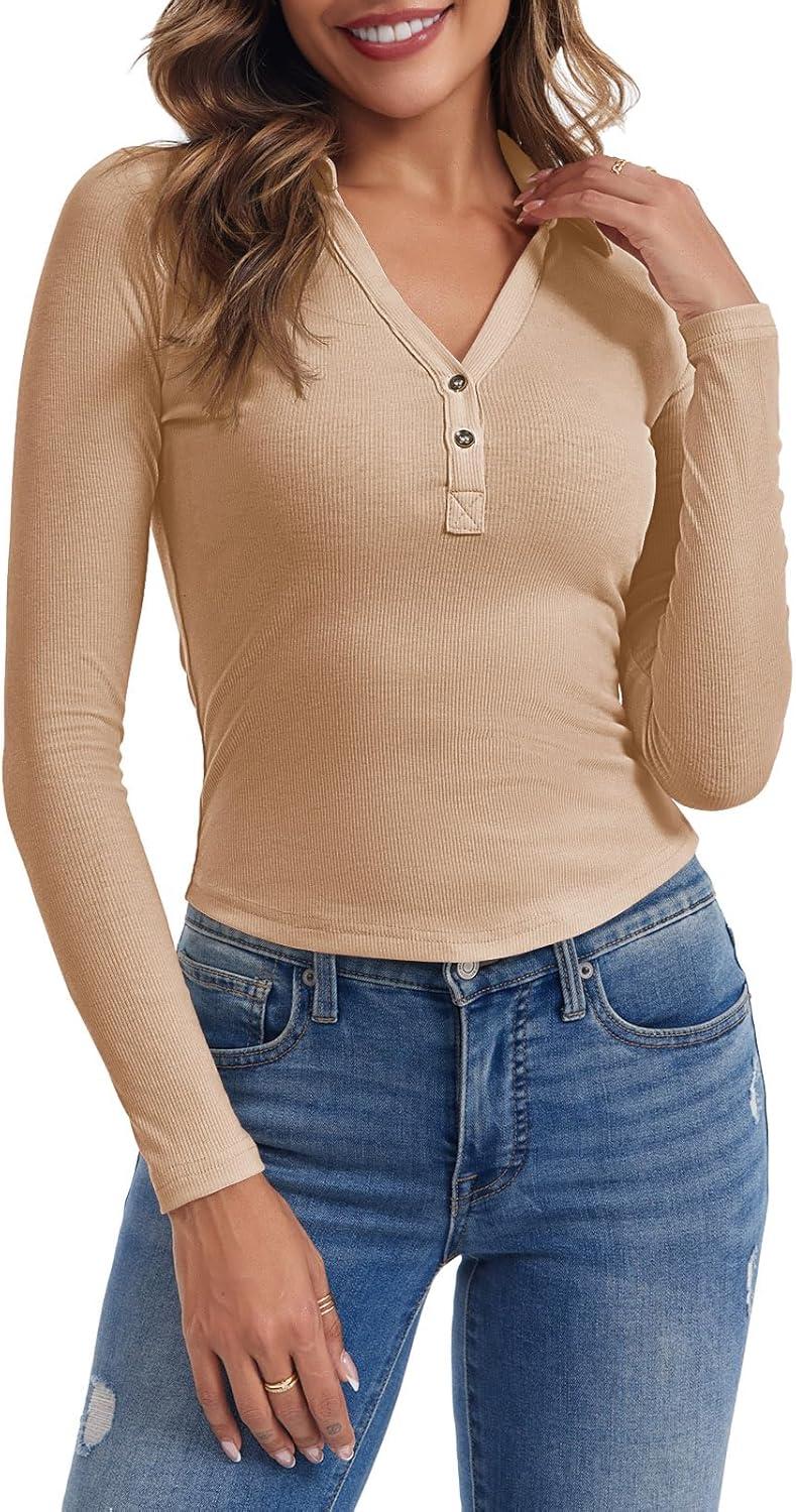imageTankaneo Womens Deep V Neck Long Sleeve Polo T Shirts Slim Fit Collared Henley Shirts Low Cut Y2k Fall Basic Tees TopsKhaki