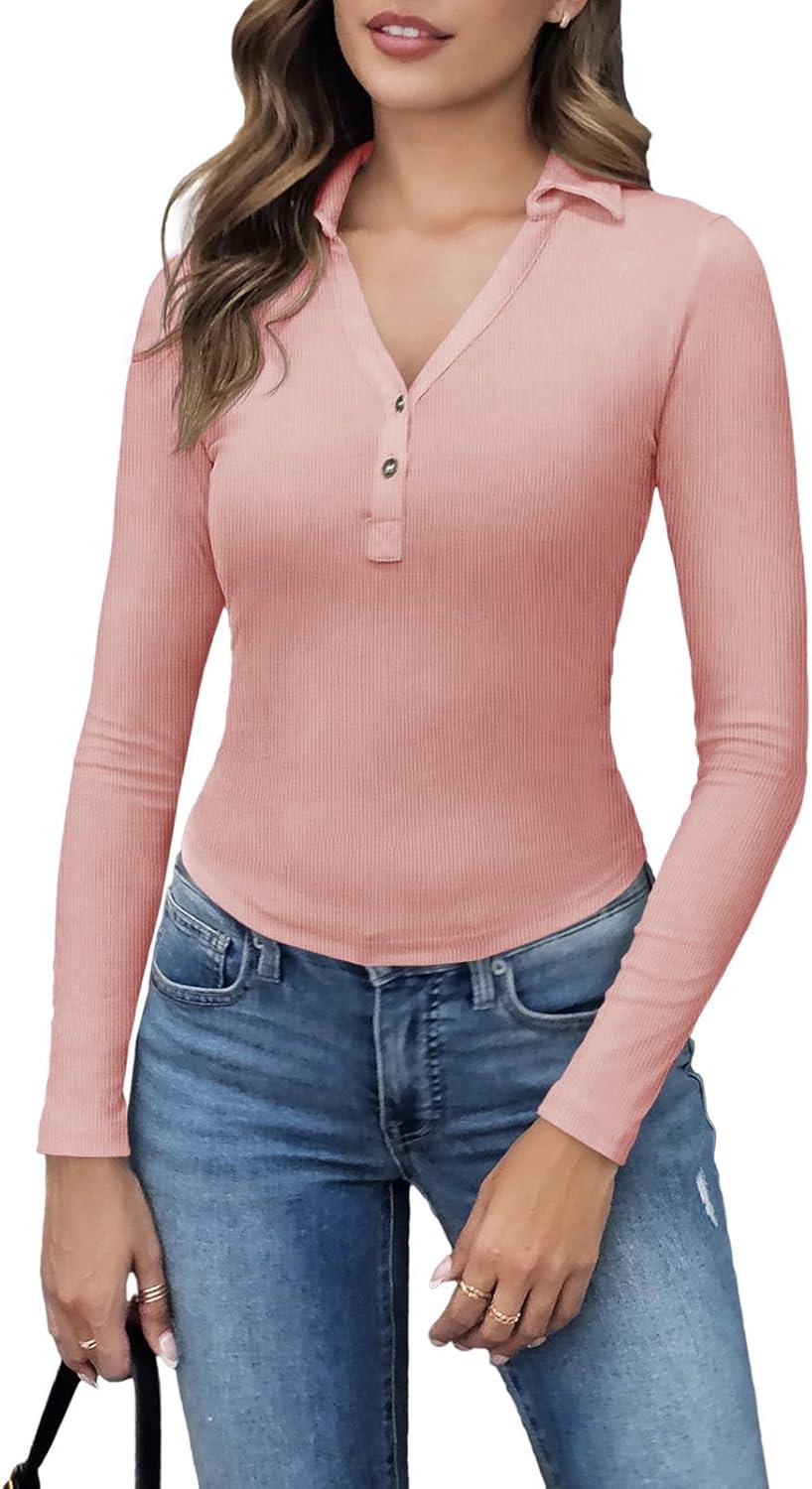 imageTankaneo Womens Deep V Neck Long Sleeve Polo T Shirts Slim Fit Collared Henley Shirts Low Cut Y2k Fall Basic Tees TopsPink