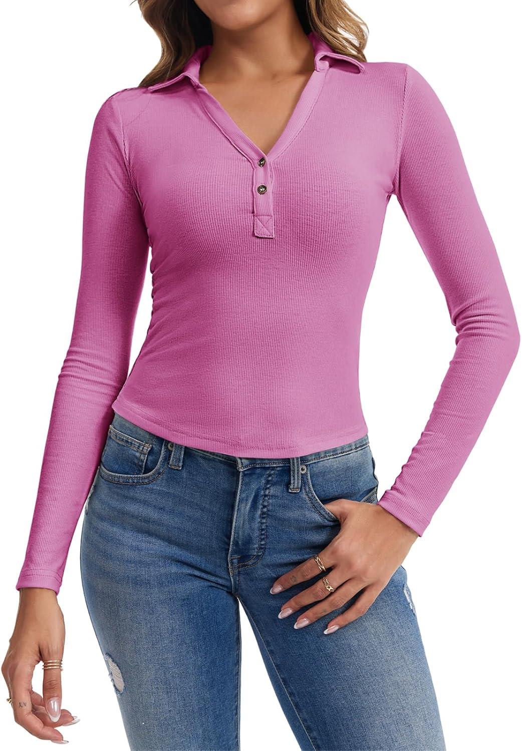 imageTankaneo Womens Deep V Neck Long Sleeve Polo T Shirts Slim Fit Collared Henley Shirts Low Cut Y2k Fall Basic Tees TopsRose Red