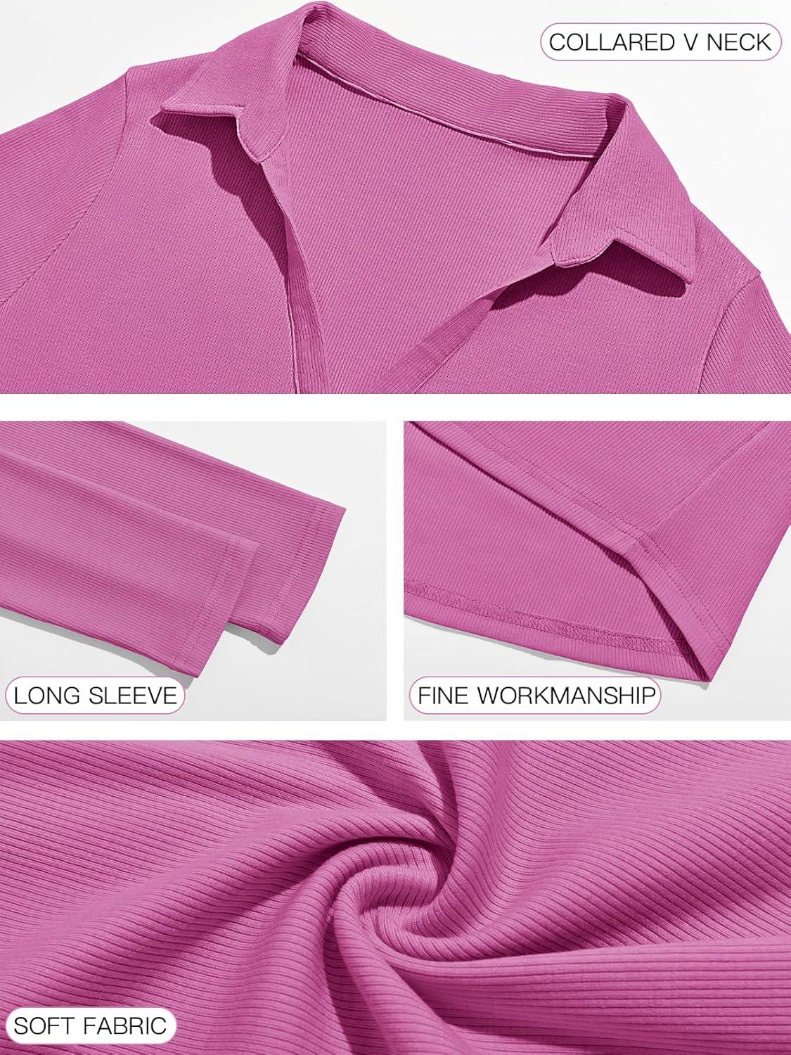 imageTankaneo Womens Deep V Neck Long Sleeve Polo T Shirts Slim Fit Collared Henley Shirts Low Cut Y2k Fall Basic Tees TopsRose Red