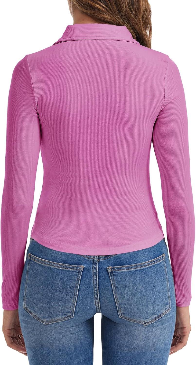 imageTankaneo Womens Deep V Neck Long Sleeve Polo T Shirts Slim Fit Collared Henley Shirts Low Cut Y2k Fall Basic Tees TopsRose Red