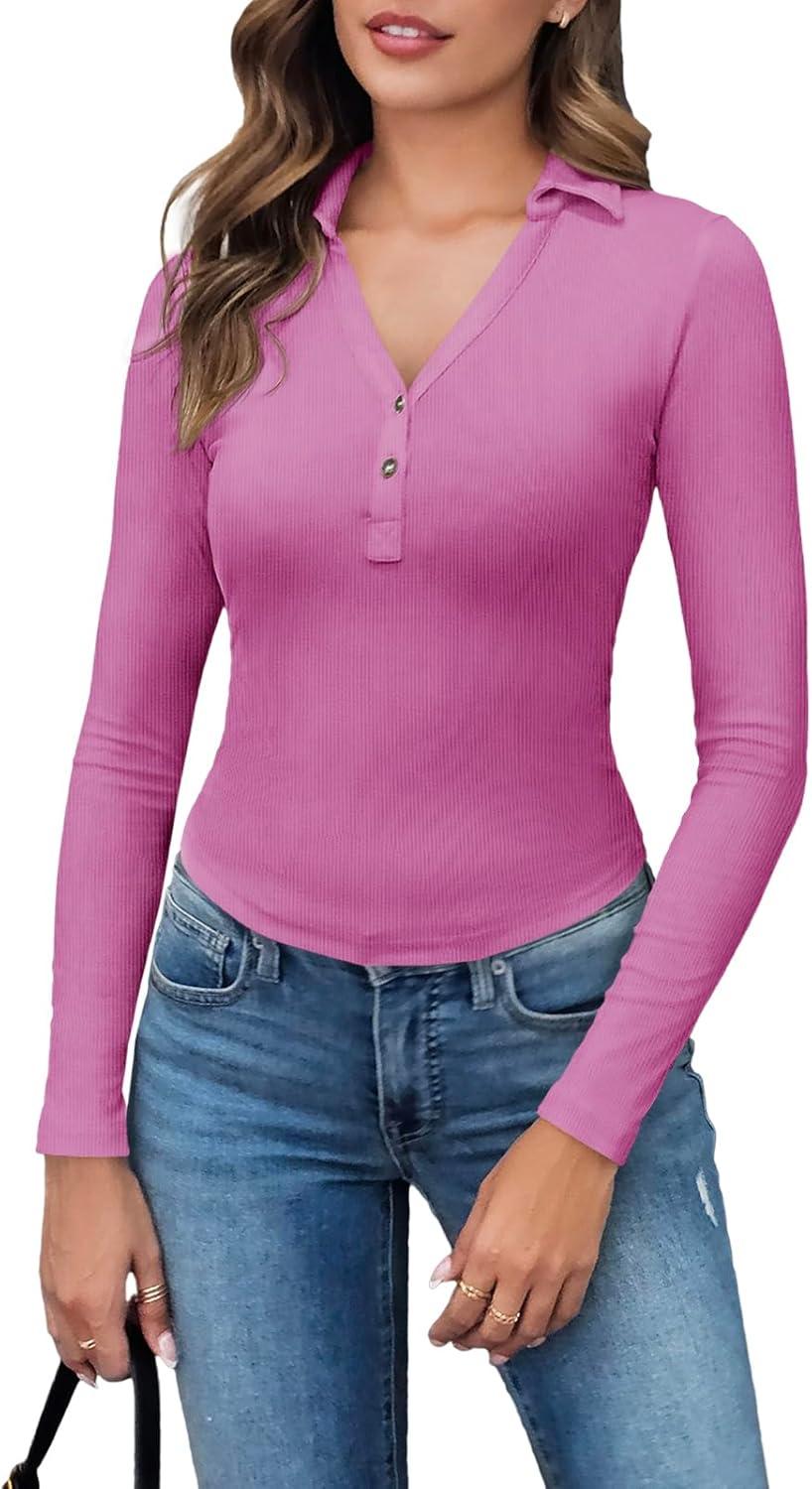 imageTankaneo Womens Deep V Neck Long Sleeve Polo T Shirts Slim Fit Collared Henley Shirts Low Cut Y2k Fall Basic Tees TopsRose Red