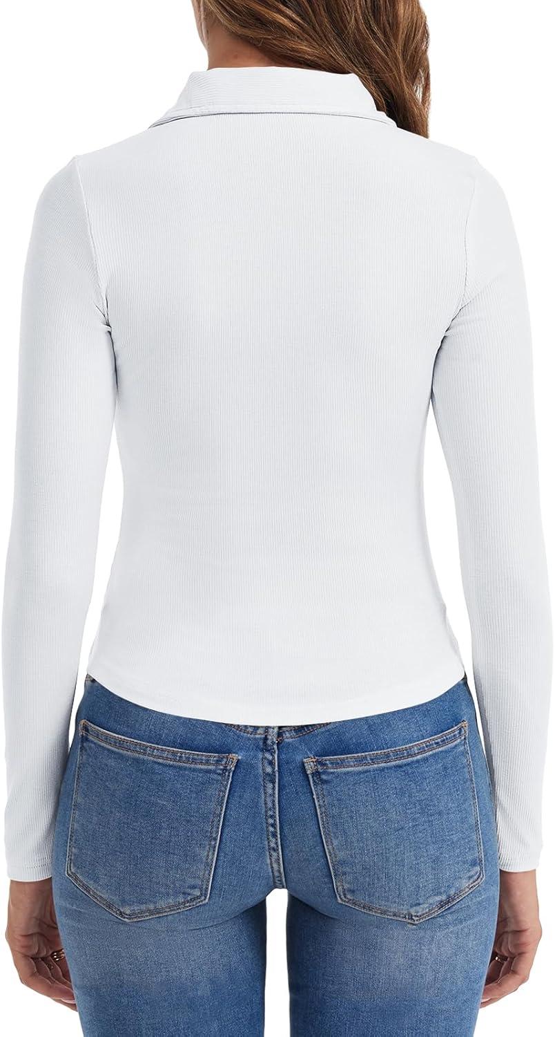 imageTankaneo Womens Deep V Neck Long Sleeve Polo T Shirts Slim Fit Collared Henley Shirts Low Cut Y2k Fall Basic Tees TopsWhite