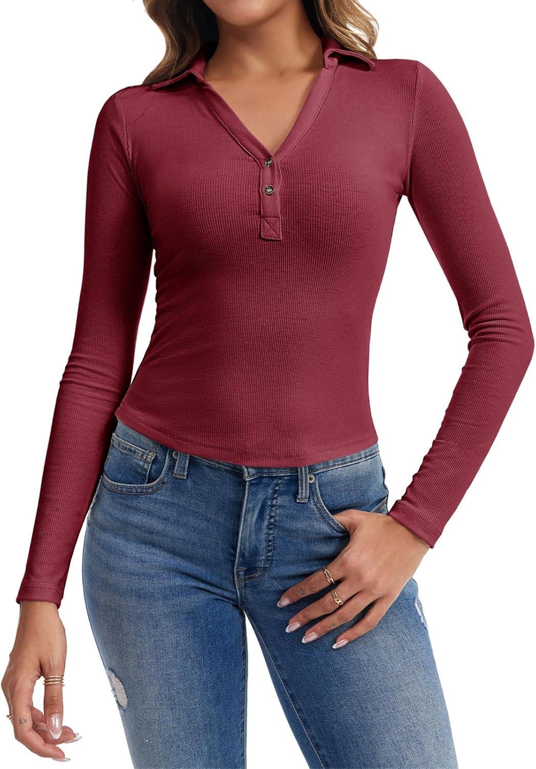 imageTankaneo Womens Deep V Neck Long Sleeve Polo T Shirts Slim Fit Collared Henley Shirts Low Cut Y2k Fall Basic Tees TopsWine Red