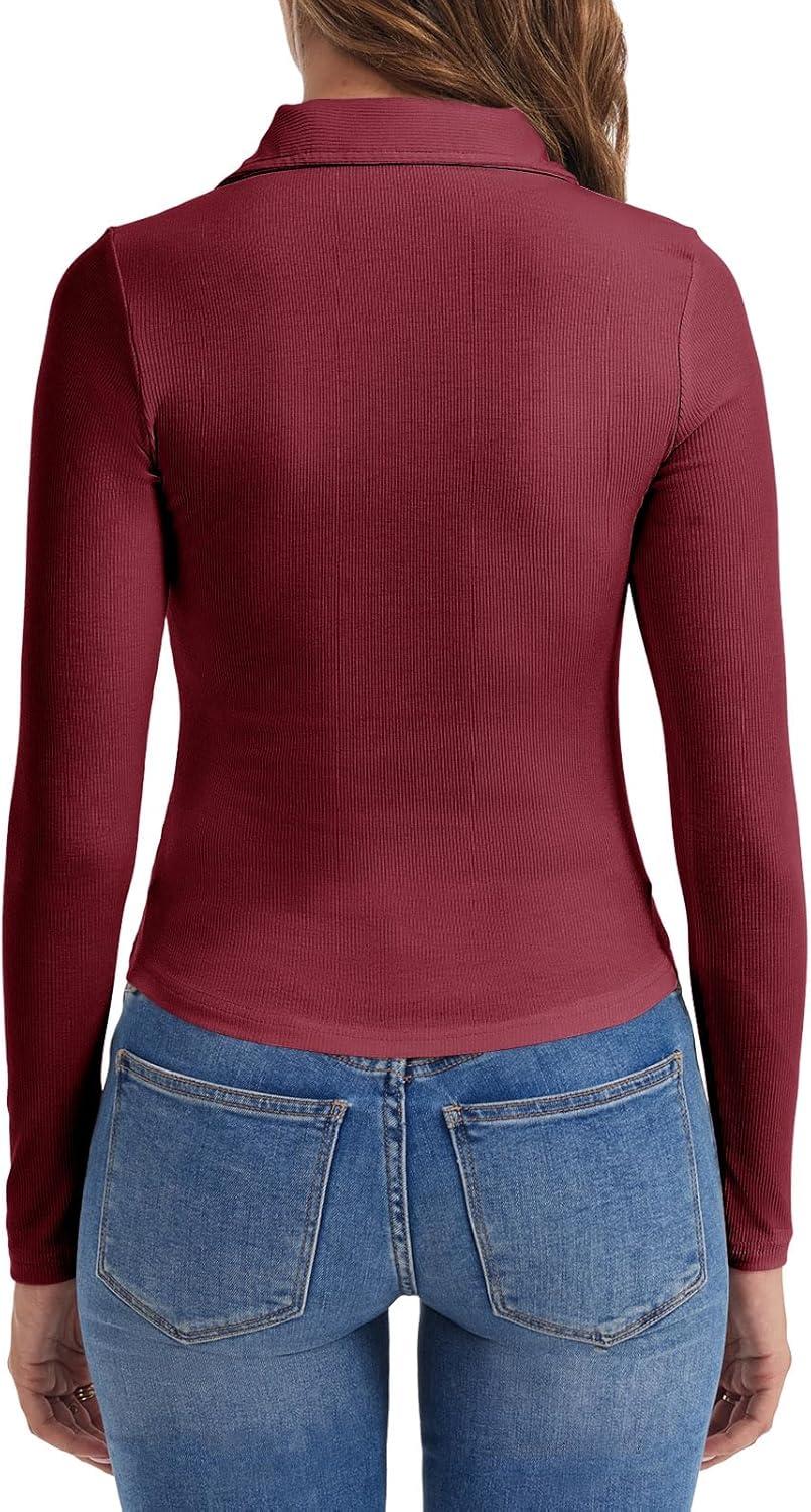 imageTankaneo Womens Deep V Neck Long Sleeve Polo T Shirts Slim Fit Collared Henley Shirts Low Cut Y2k Fall Basic Tees TopsWine Red