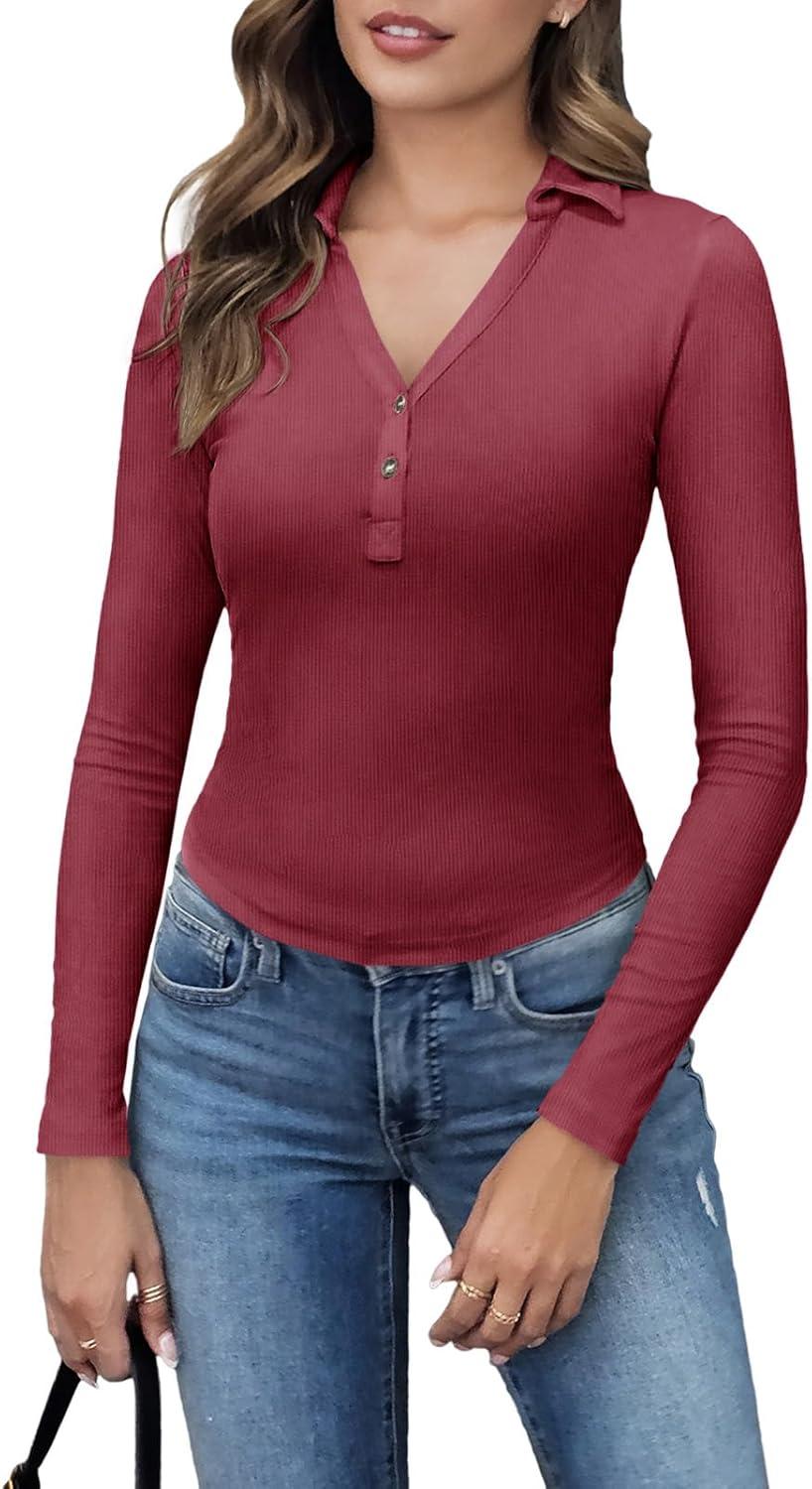 imageTankaneo Womens Deep V Neck Long Sleeve Polo T Shirts Slim Fit Collared Henley Shirts Low Cut Y2k Fall Basic Tees TopsWine Red