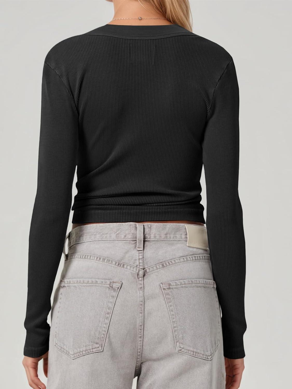 imageTankaneo Womens Deep V Neck Tops Low Cut Ribbed Knit Henley Shirts Fall Long Sleeve Slim Fit Going Out TeesBlack