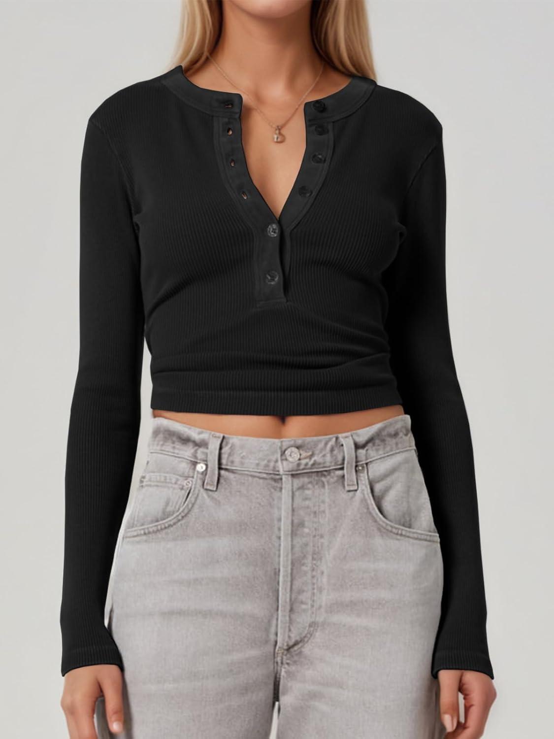 imageTankaneo Womens Deep V Neck Tops Low Cut Ribbed Knit Henley Shirts Fall Long Sleeve Slim Fit Going Out TeesBlack